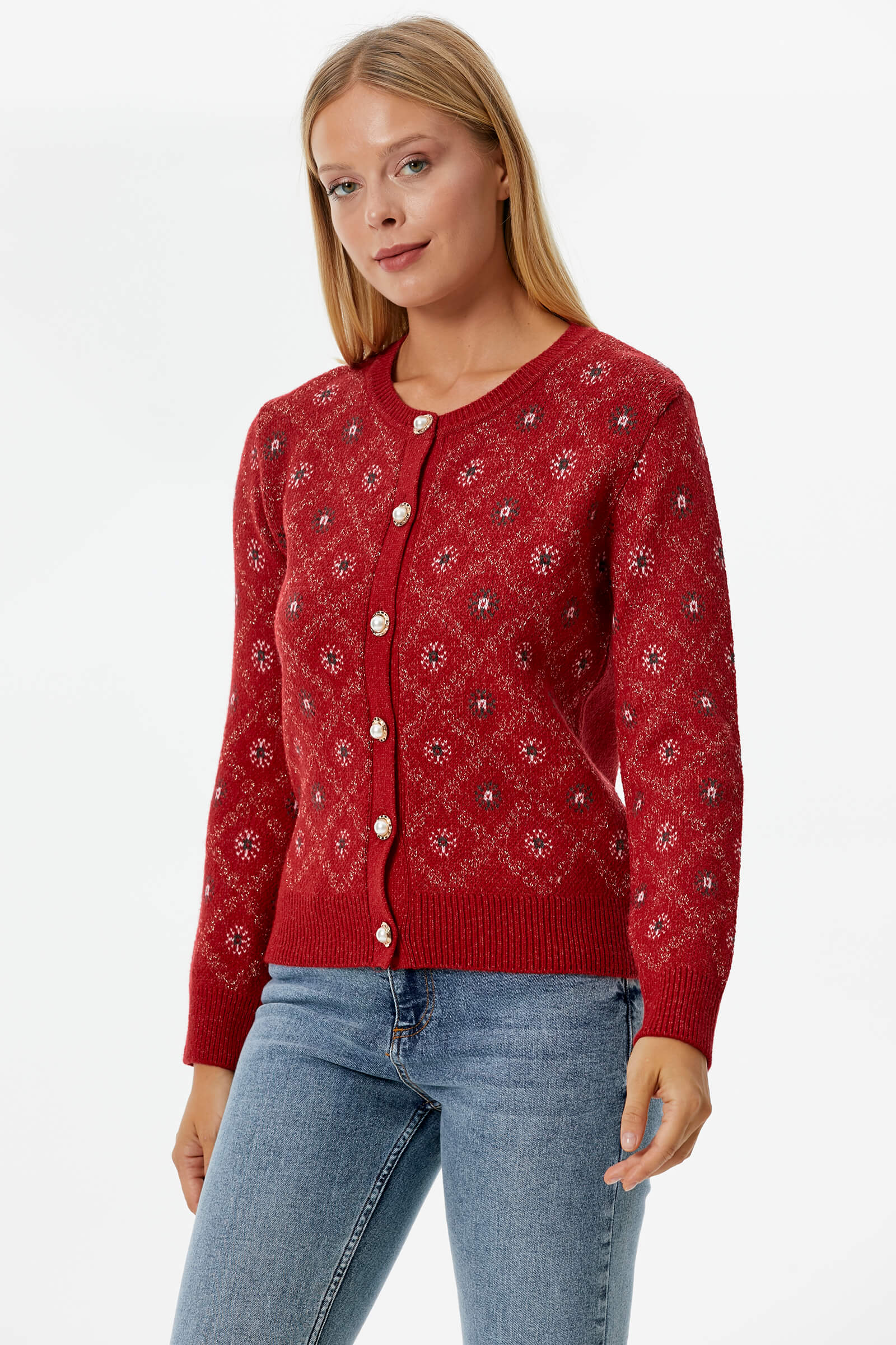 İnci Düğmeli Çiçek Desenli Triko Hırka - Kırmızı (3) Sementa