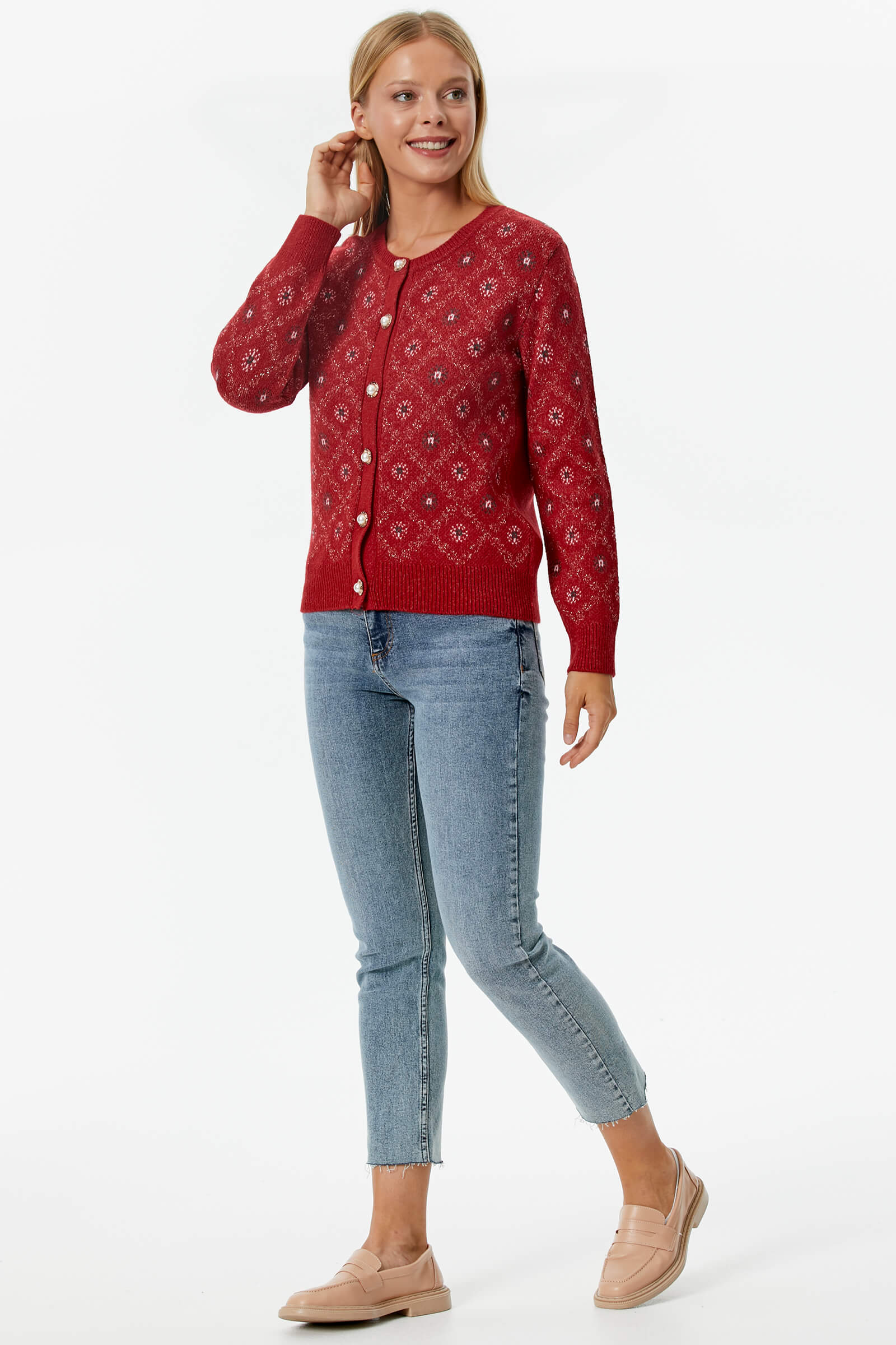 İnci Düğmeli Çiçek Desenli Triko Hırka - Kırmızı (4) Sementa