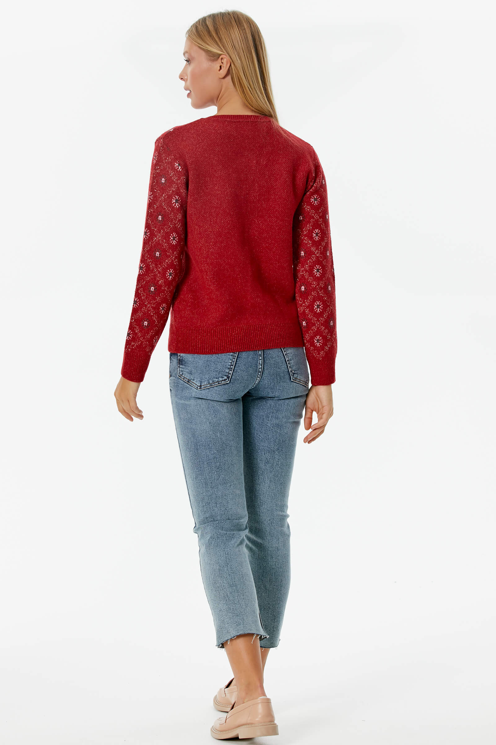 İnci Düğmeli Çiçek Desenli Triko Hırka - Kırmızı (5) Sementa