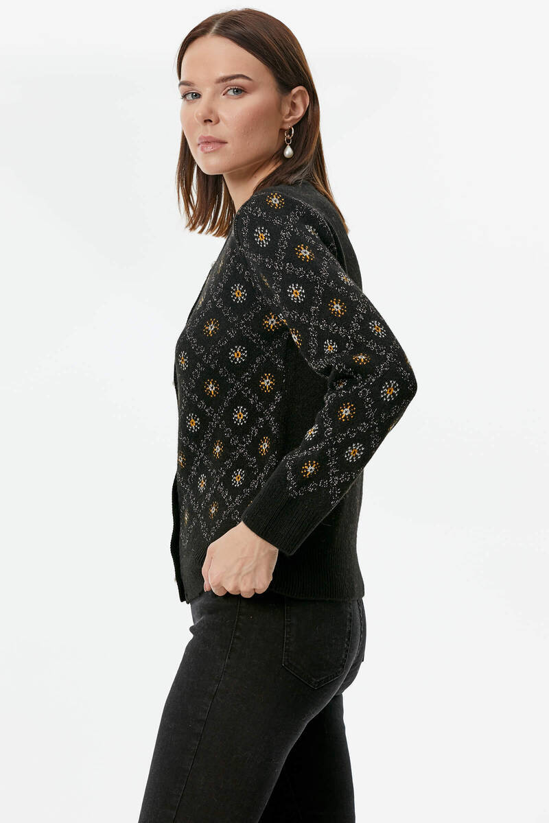 İnci Düğmeli Çiçek Desenli Triko Hırka - Siyah (4) Sementa