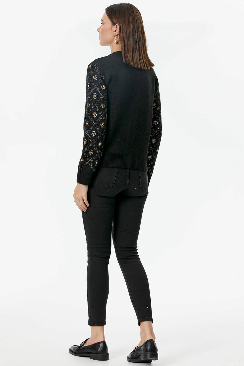 İnci Düğmeli Çiçek Desenli Triko Hırka - Siyah (5) Sementa