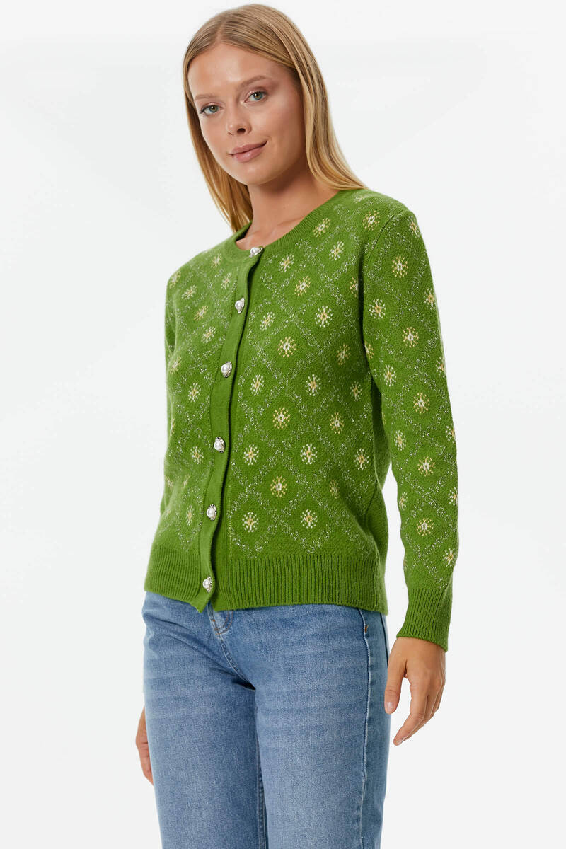 İnci Düğmeli Çiçek Desenli Triko Hırka - Yeşil (3) Sementa