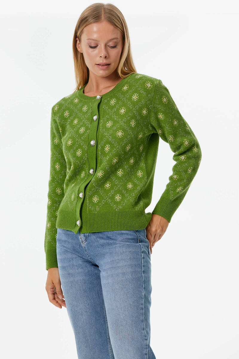 İnci Düğmeli Çiçek Desenli Triko Hırka - Yeşil (4) Sementa