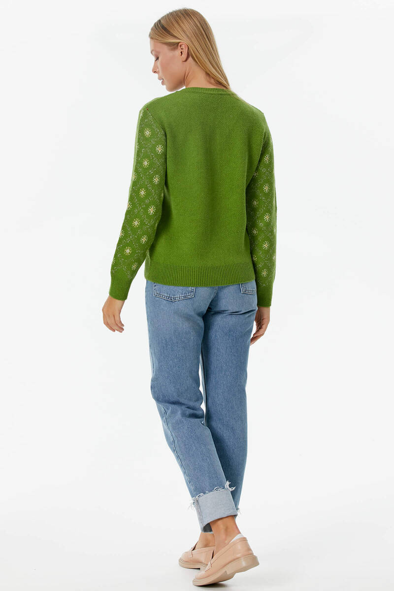 İnci Düğmeli Çiçek Desenli Triko Hırka - Yeşil (5) Sementa