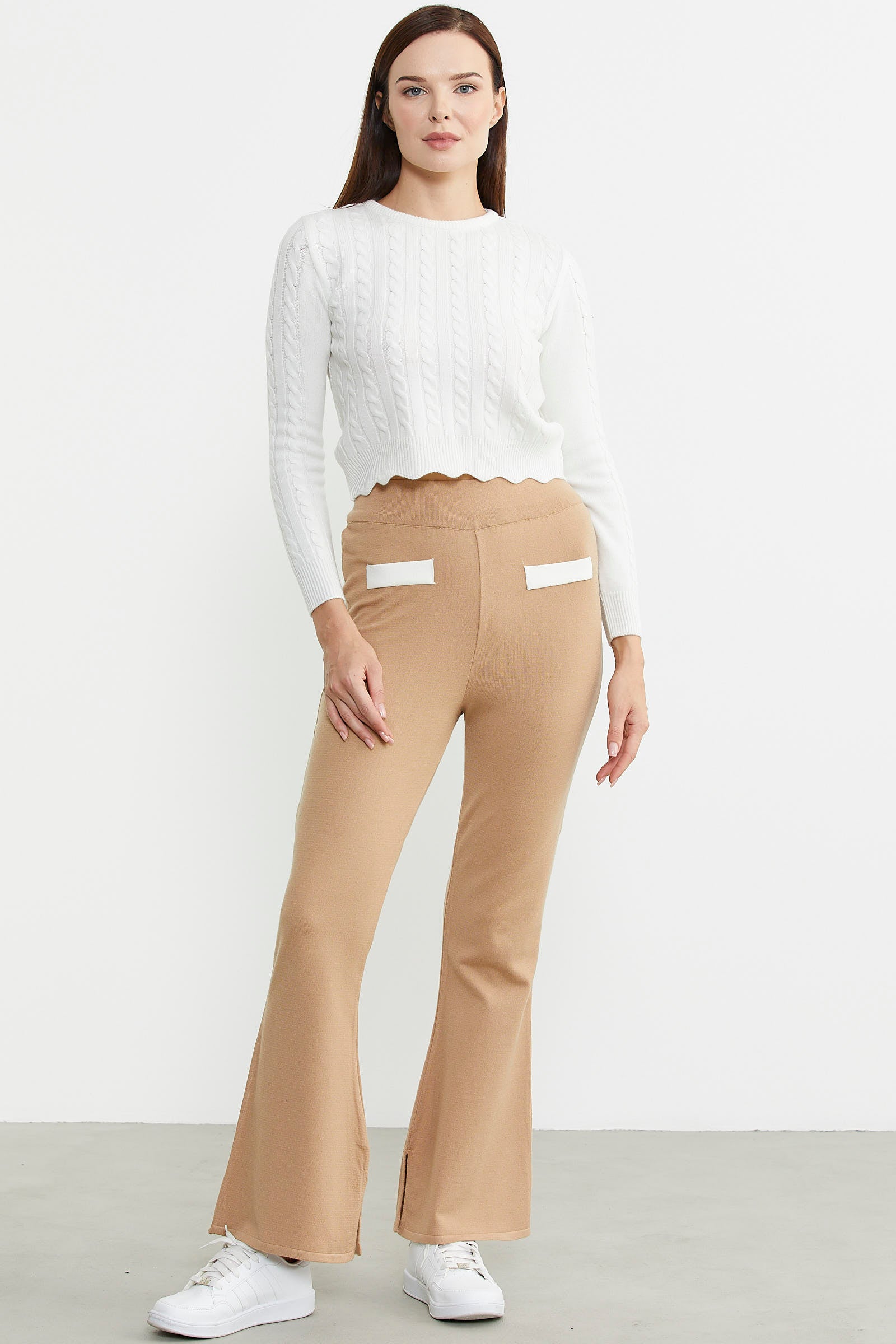 İspanyol Paça Yırtmaçlı Triko Pantolon - Bej - Sementa