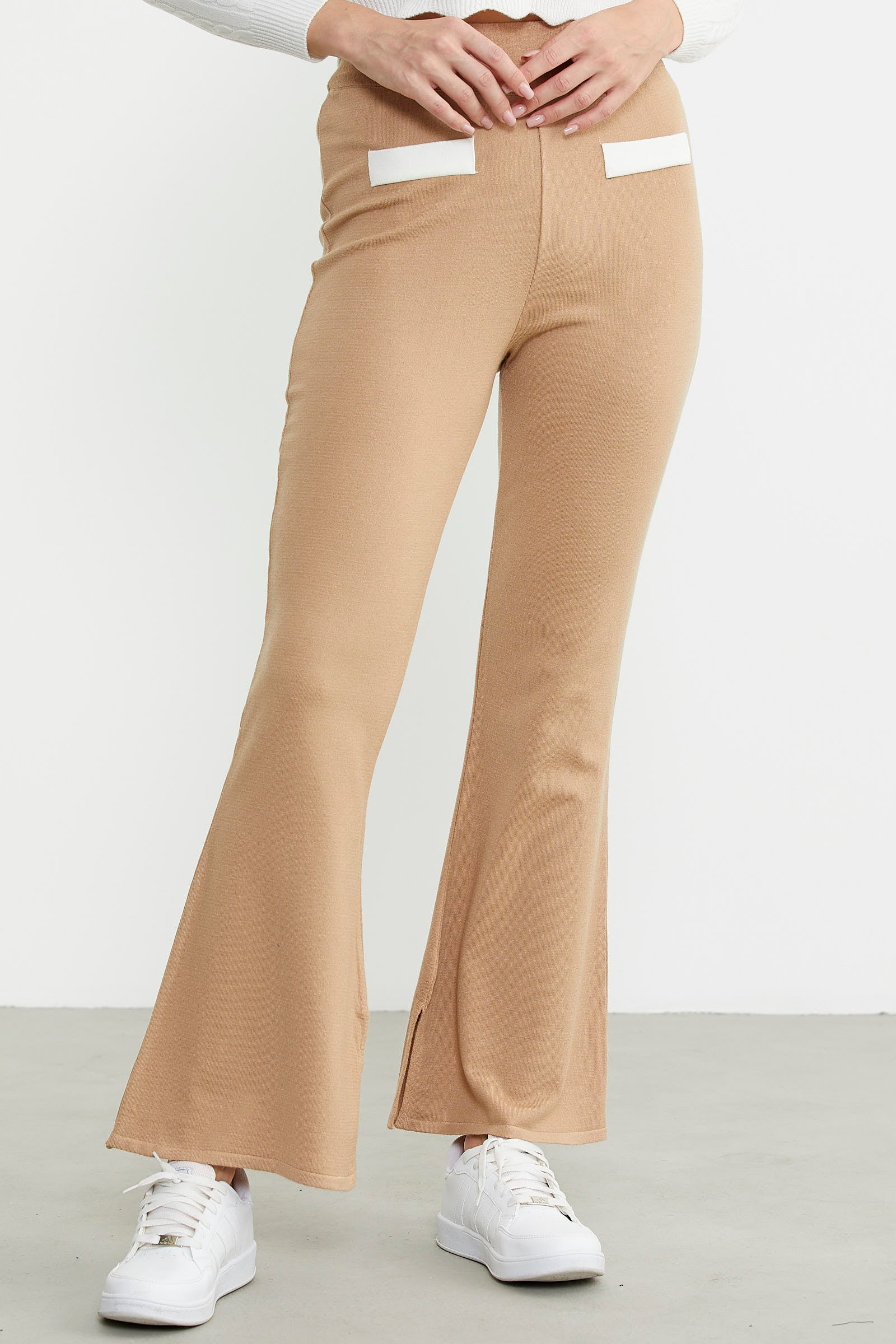 İspanyol Paça Yırtmaçlı Triko Pantolon - Bej - Sementa