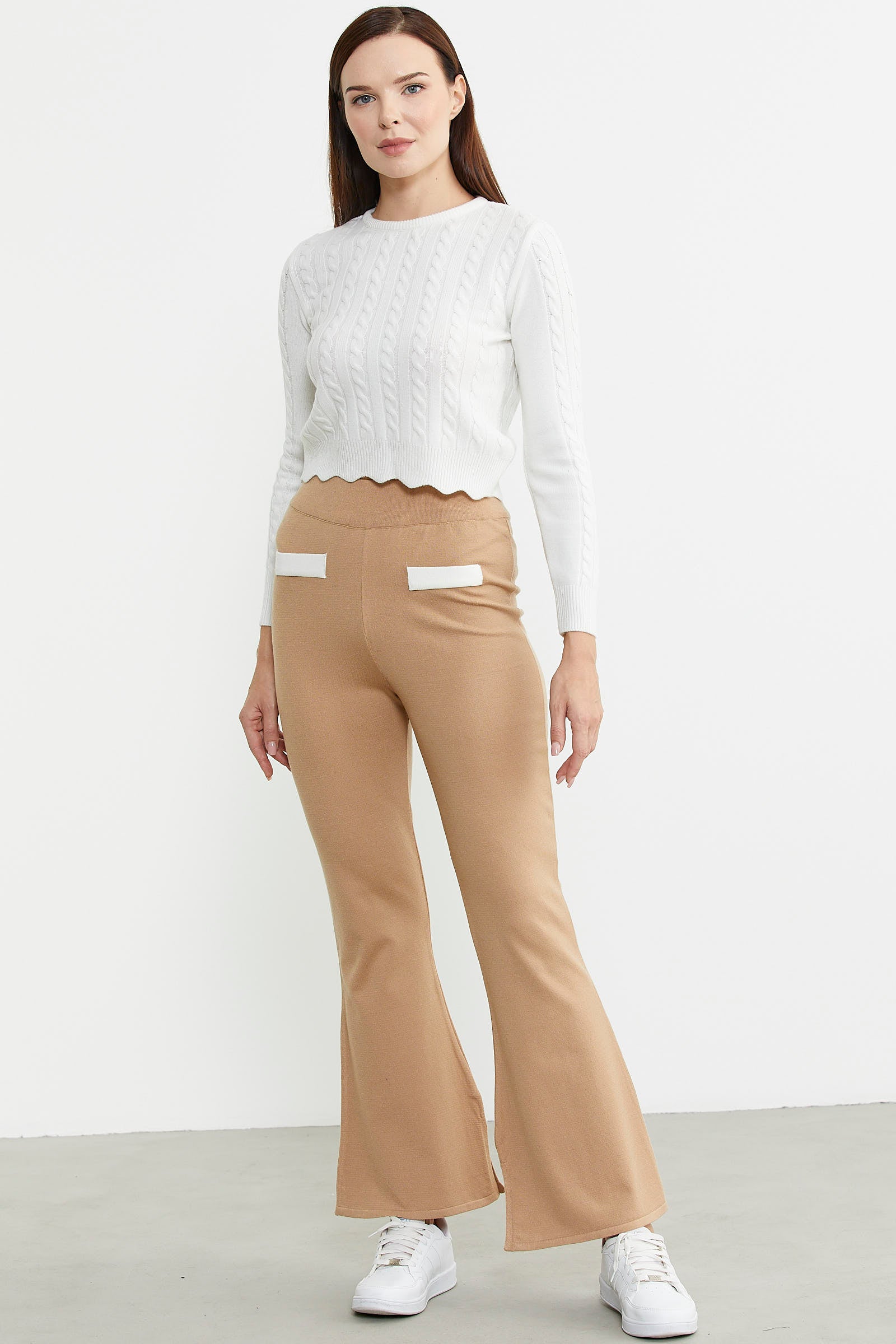 İspanyol Paça Yırtmaçlı Triko Pantolon - Bej - Sementa