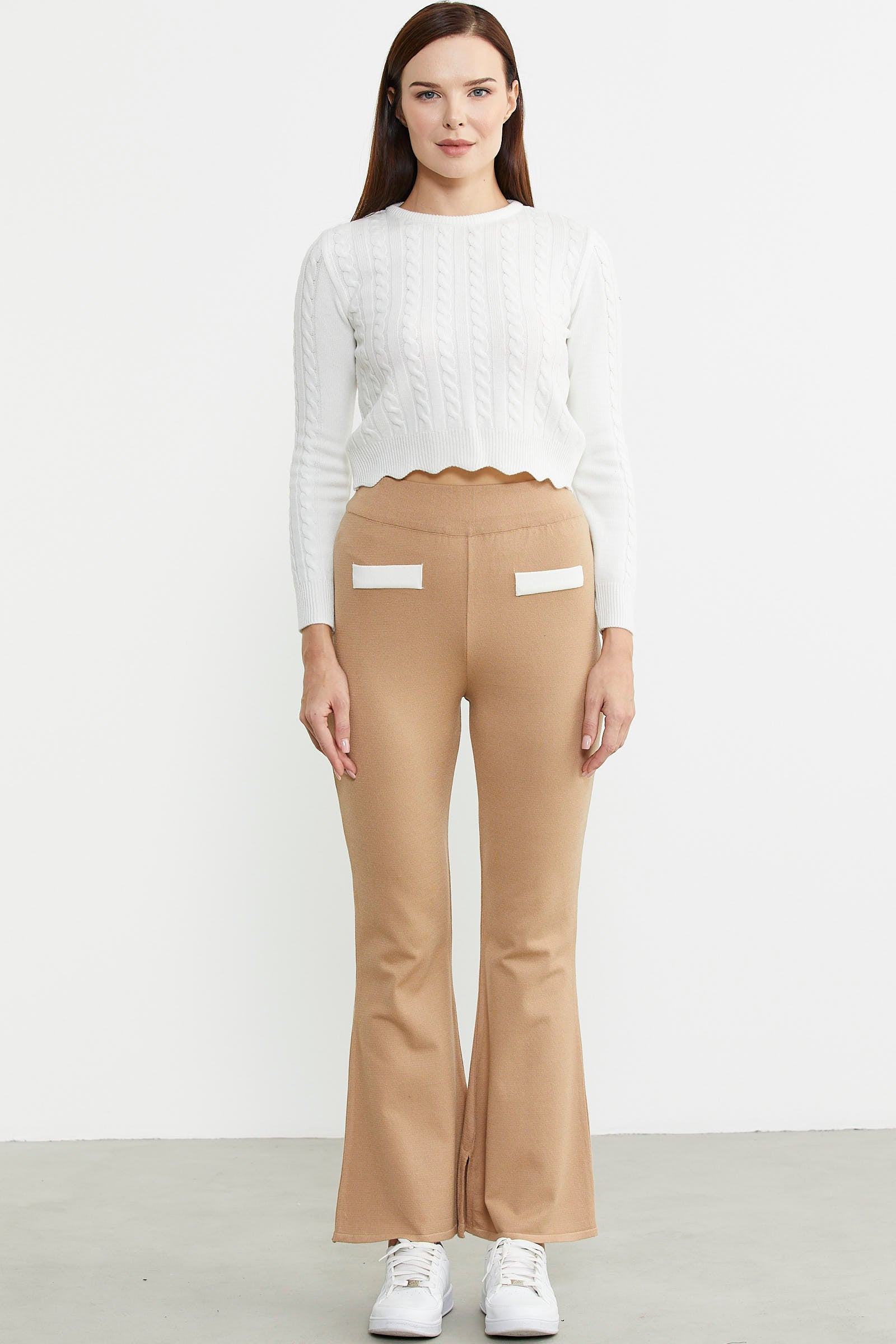 İspanyol Paça Yırtmaçlı Triko Pantolon - Bej - Sementa