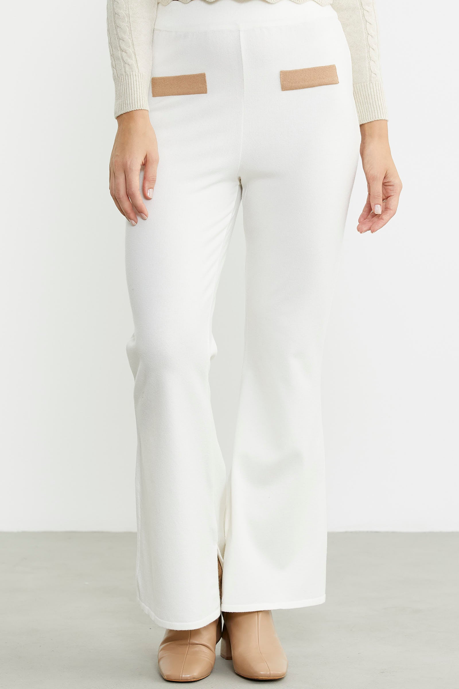 İspanyol Paça Yırtmaçlı Triko Pantolon - Kemik - Sementa