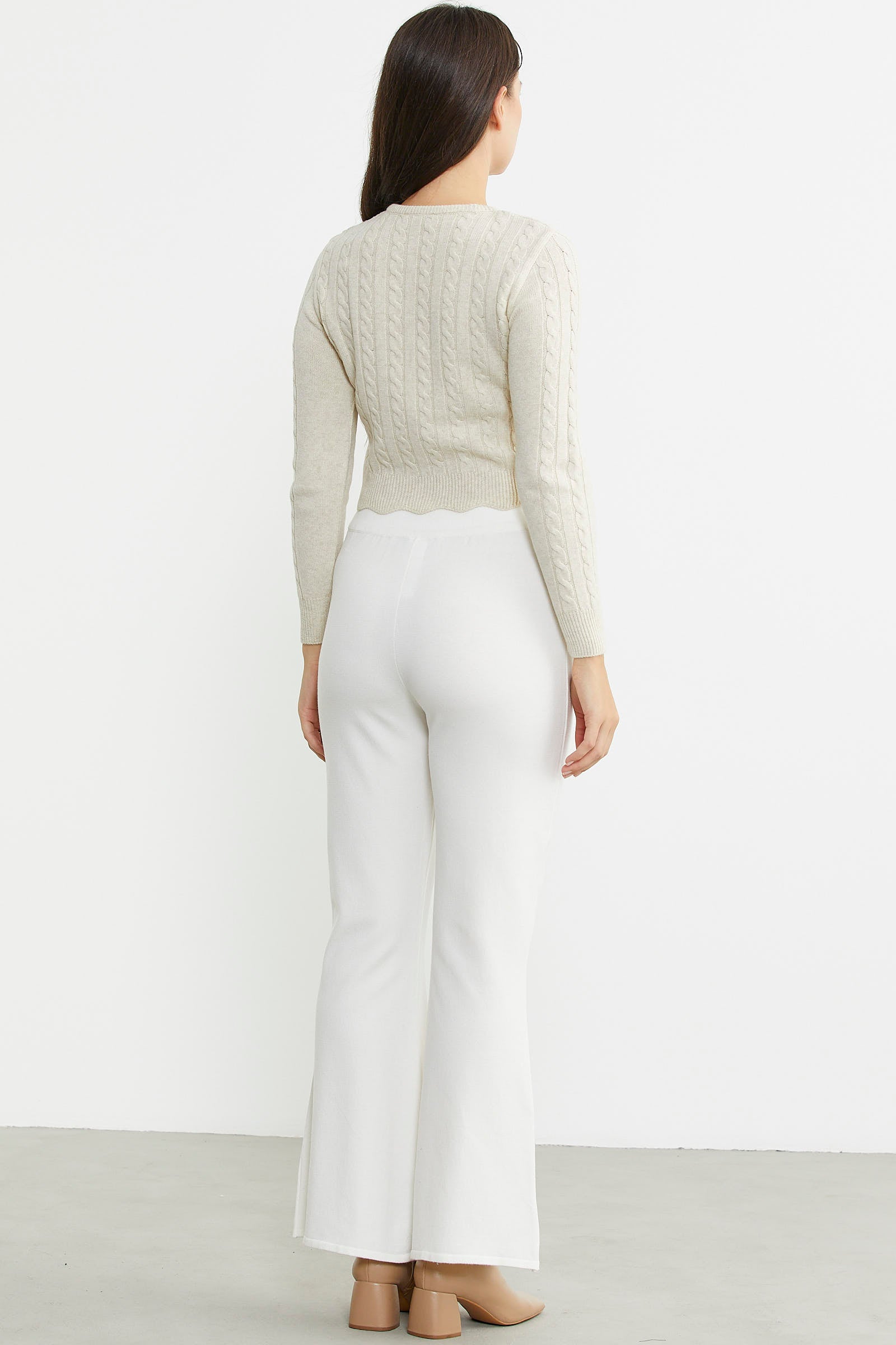 İspanyol Paça Yırtmaçlı Triko Pantolon - Kemik - Sementa