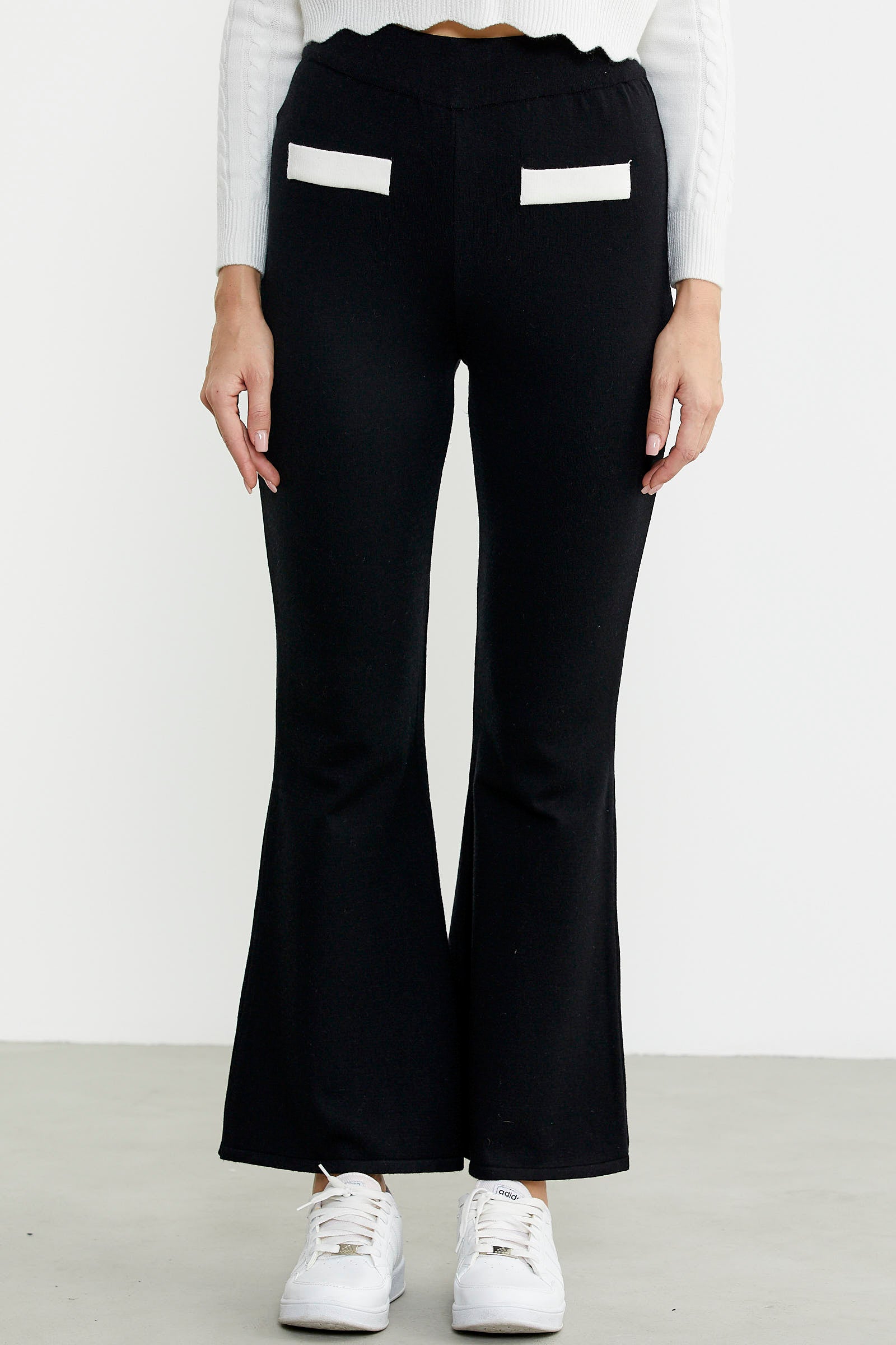 İspanyol Paça Yırtmaçlı Triko Pantolon - Siyah - Sementa