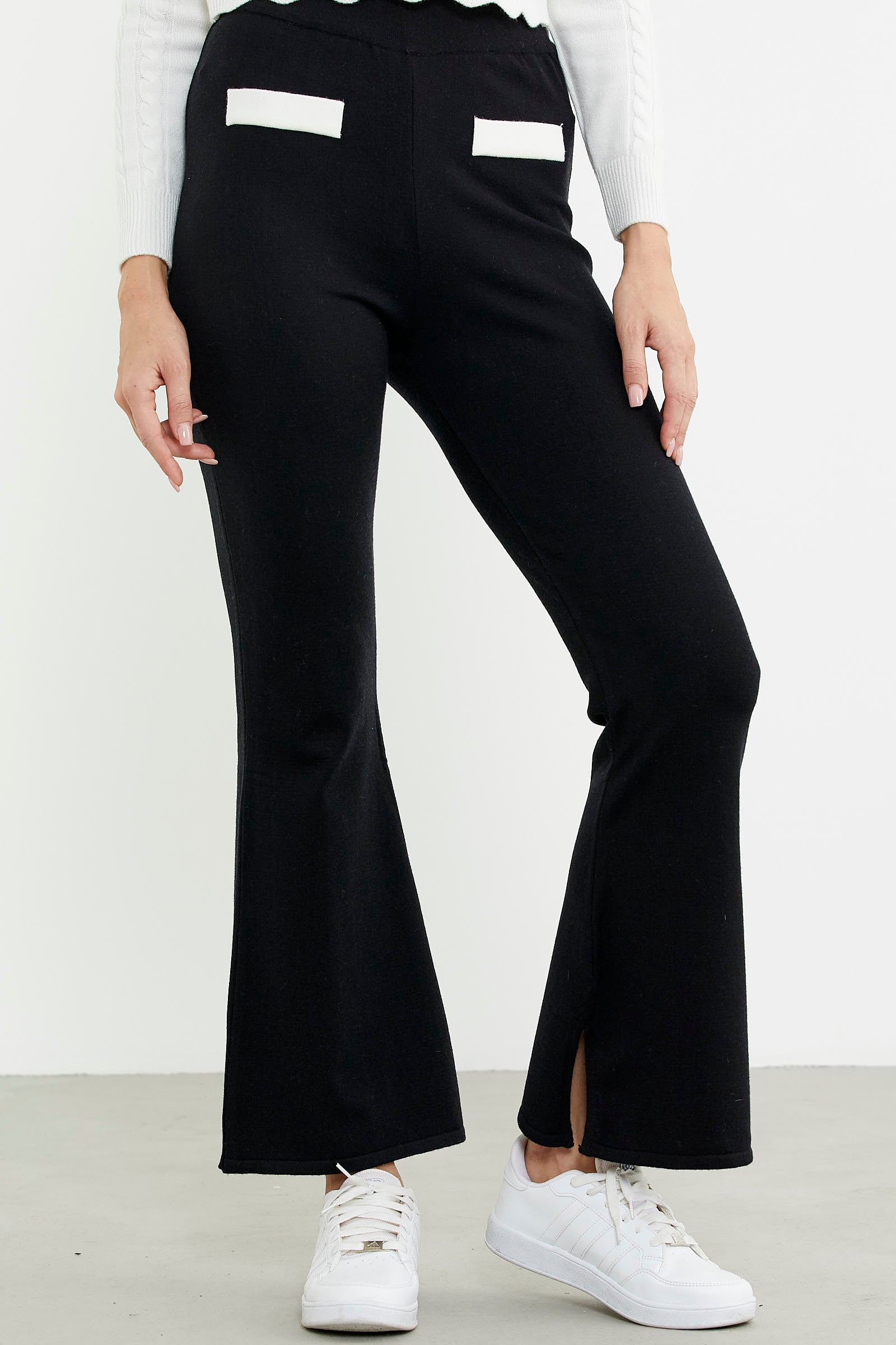 İspanyol Paça Yırtmaçlı Triko Pantolon - Siyah - Sementa