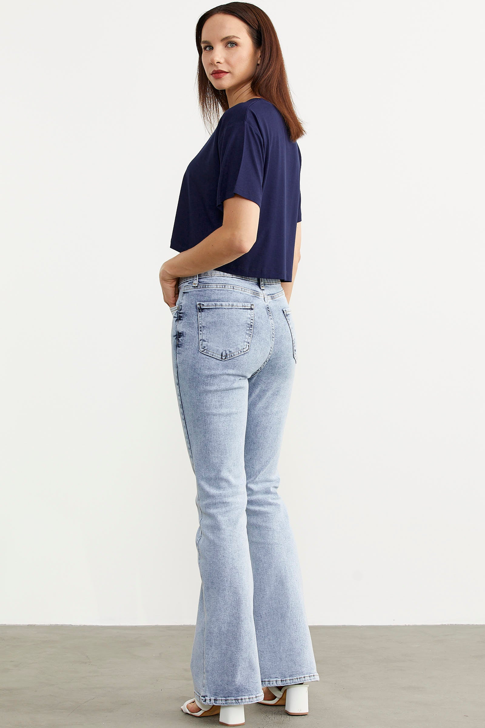 İspanyol Paça Yüksel Bel Jean Pantolon - Açık Mavi (7) Sementa