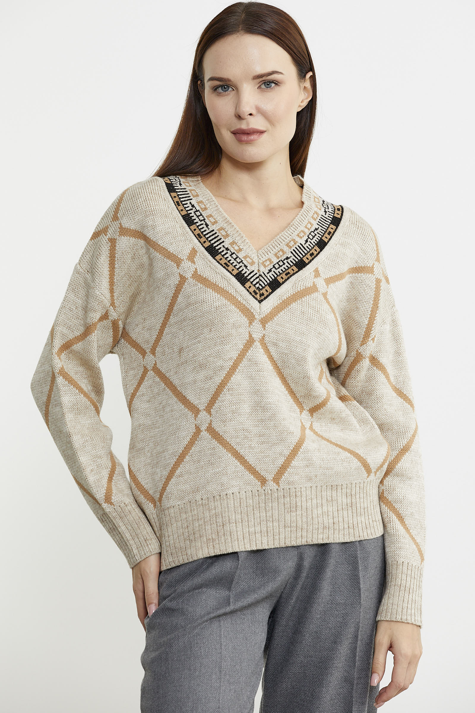 Jakarlı Çok Desenli Yünlü Triko Kazak - Bej - Sementa