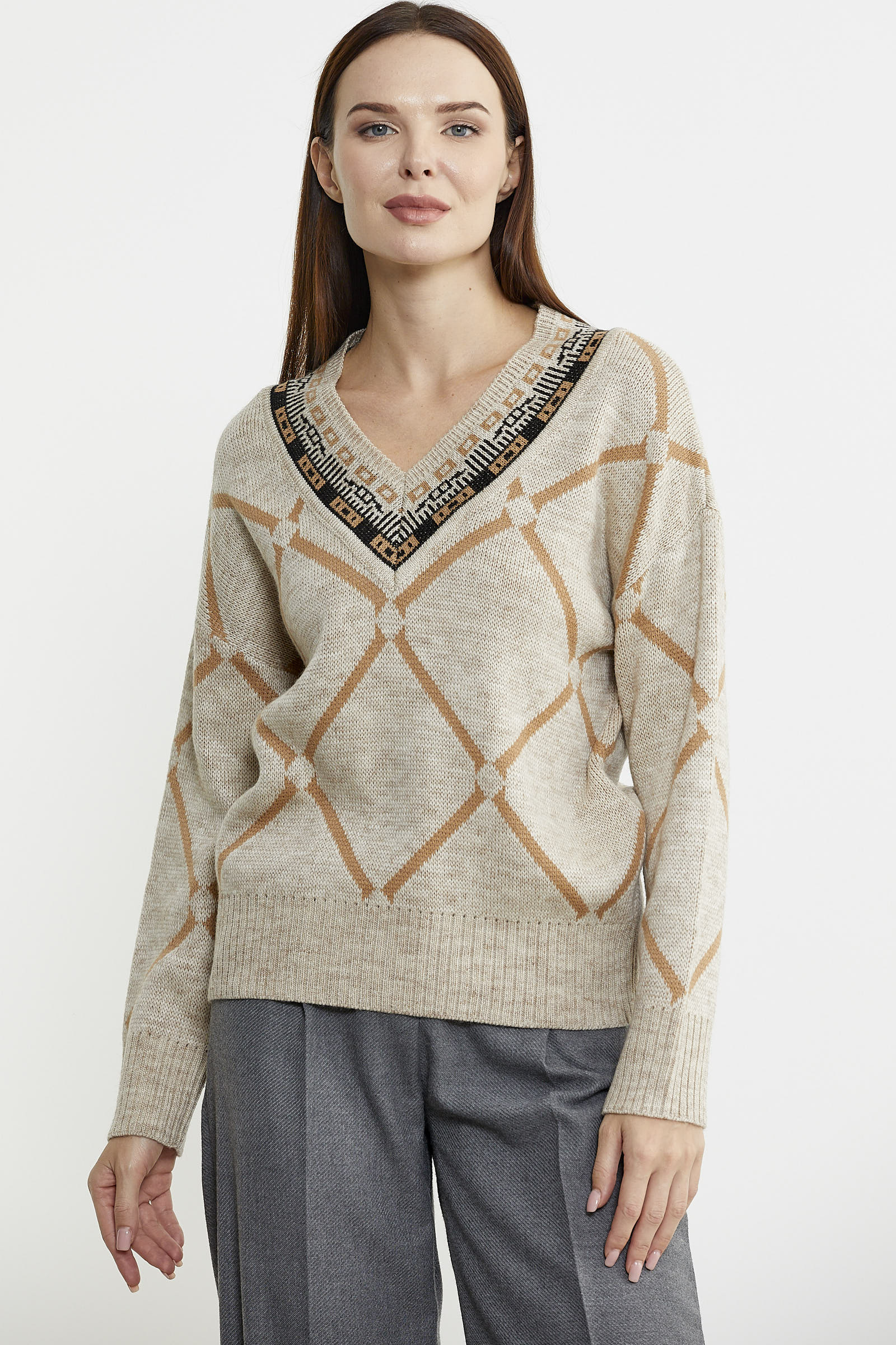 Jakarlı Çok Desenli Yünlü Triko Kazak - Bej - Sementa