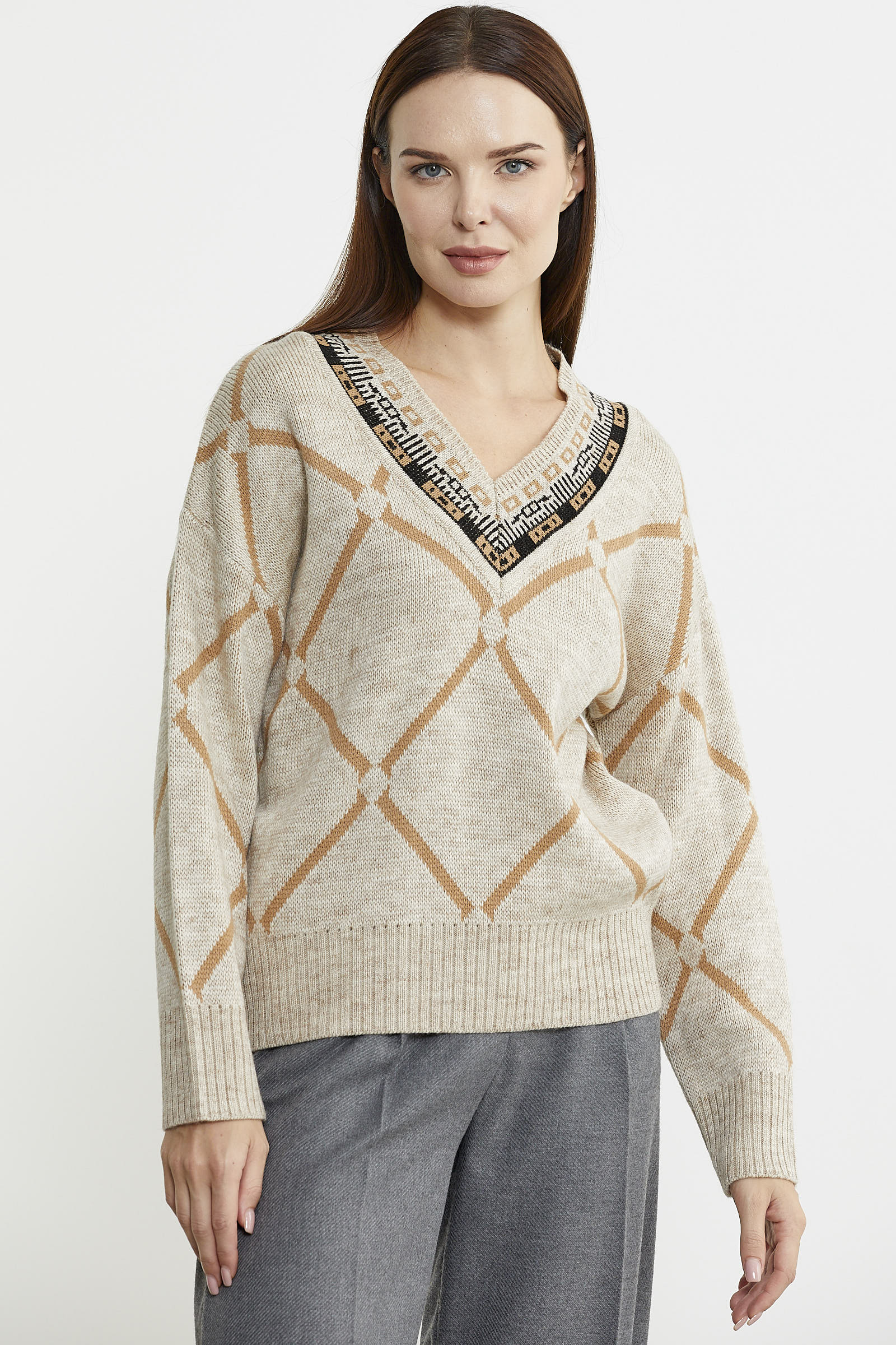 Jakarlı Çok Desenli Yünlü Triko Kazak - Bej - Sementa