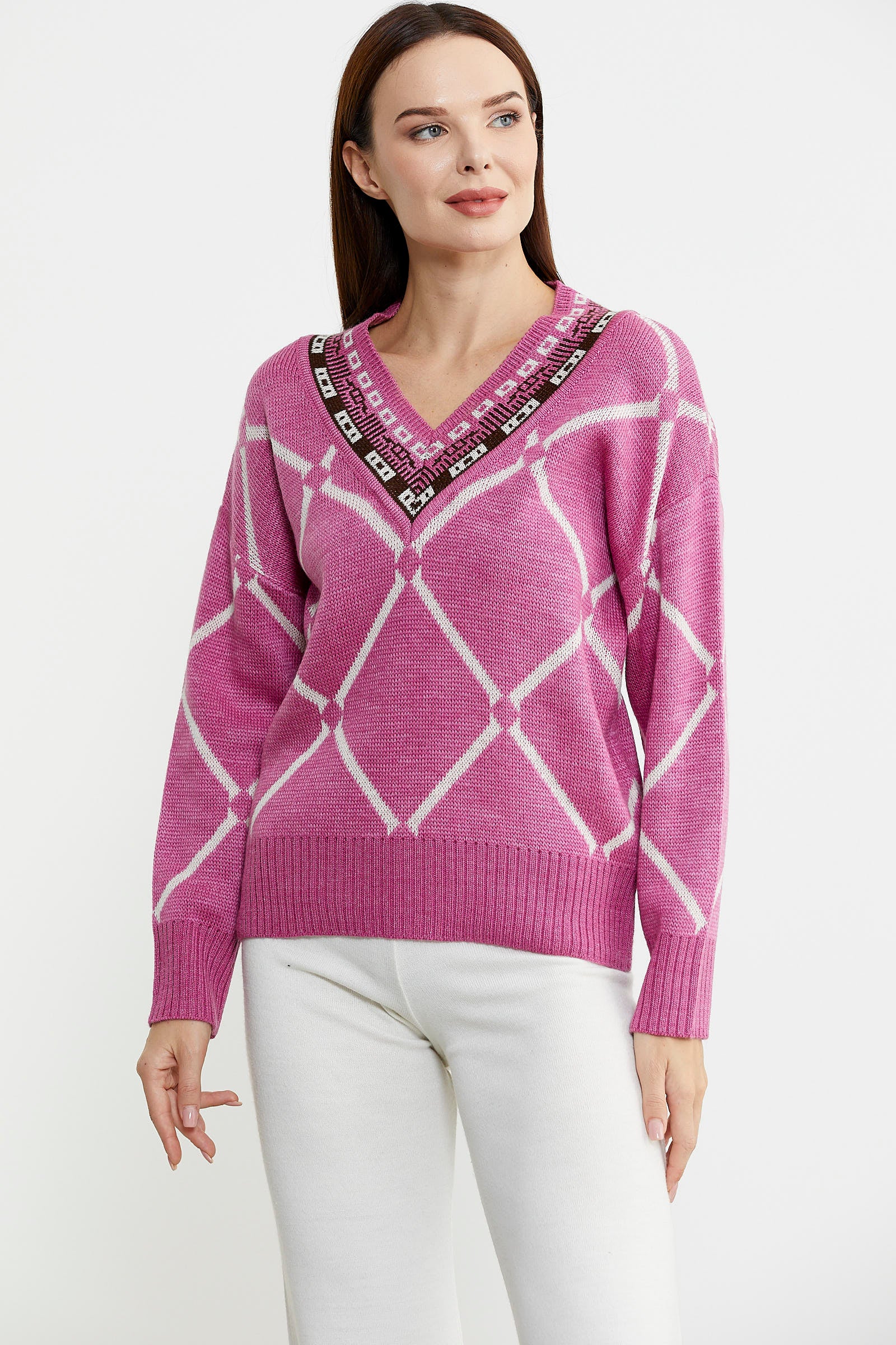 Jakarlı Çok Desenli Yünlü Triko Kazak - Gül - Sementa