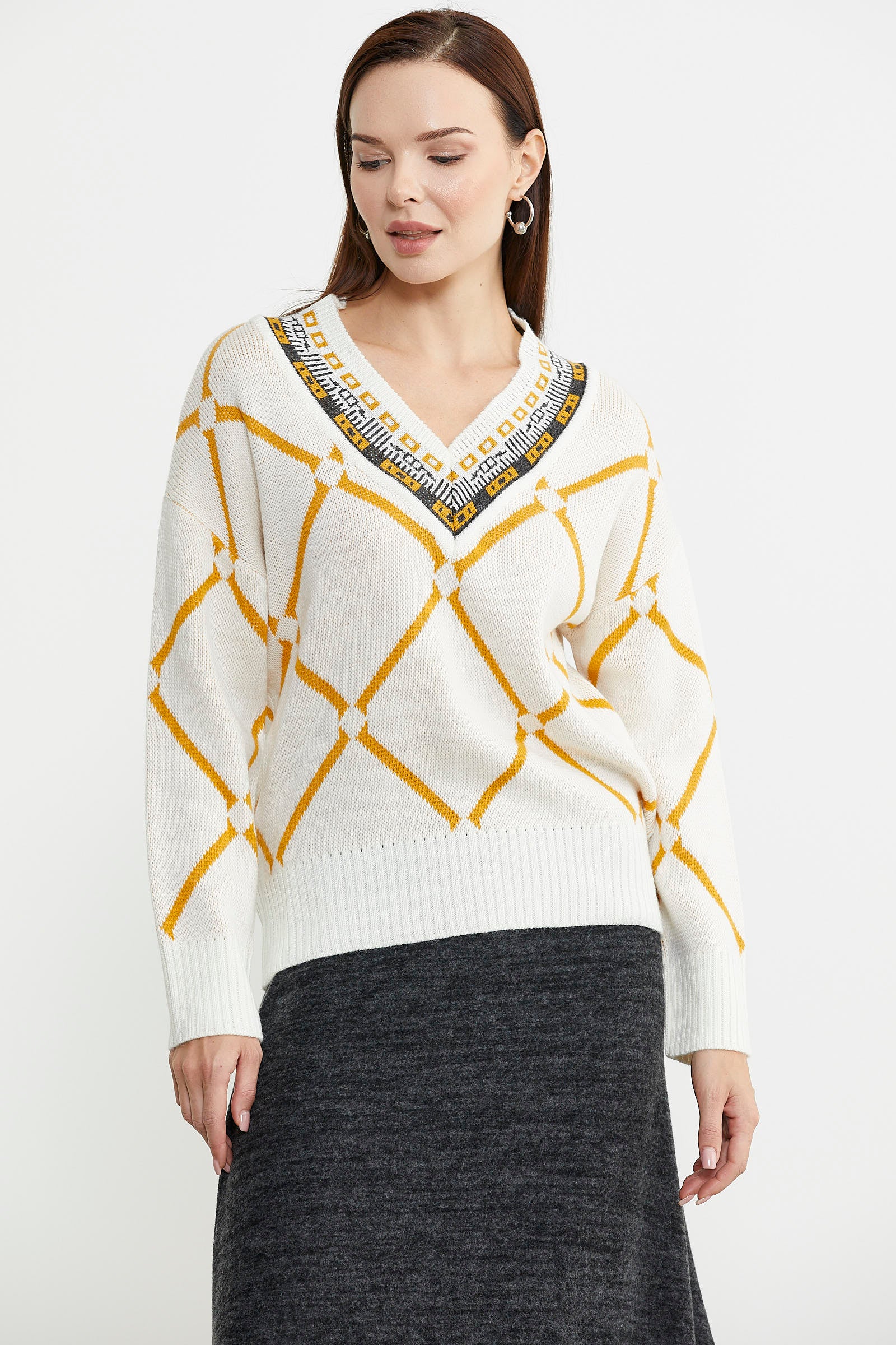 Jakarlı Çok Desenli Yünlü Triko Kazak - Kemik - Sementa