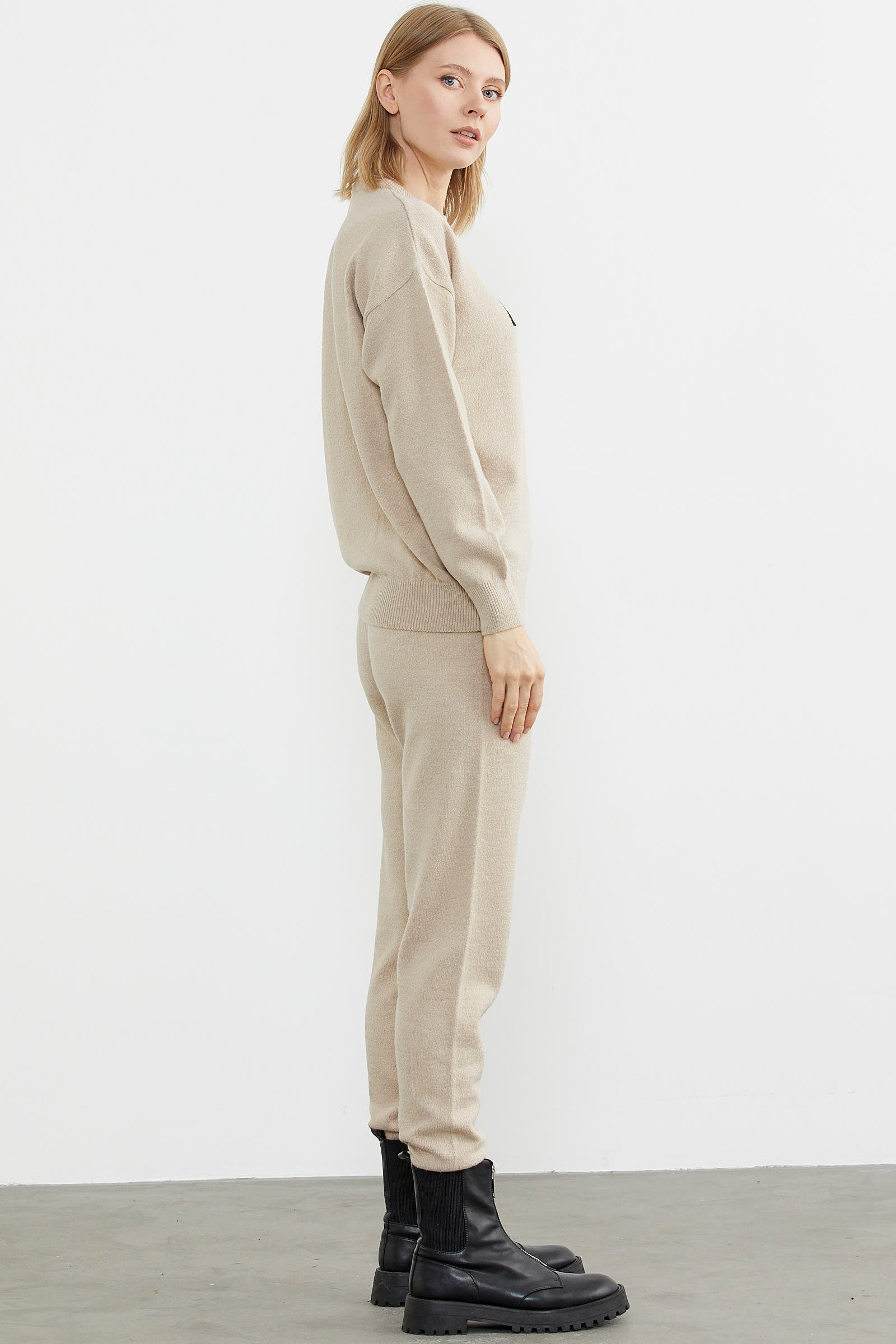 Jogger Pantolonlu Baskılı Triko Takım - Bej (5) Sementa