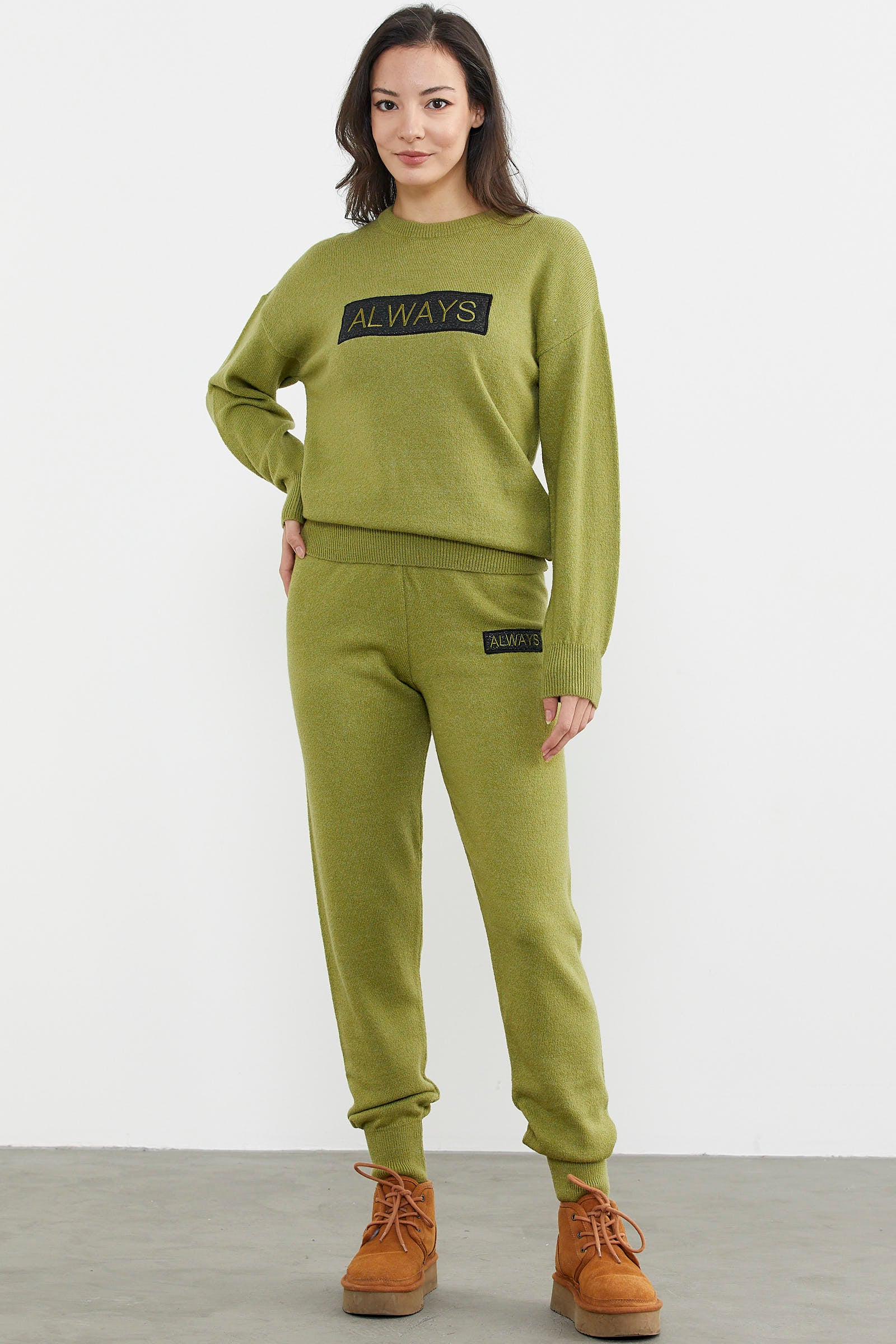 Jogger Pantolonlu Baskılı Triko Takım - Yeşil (2) Sementa