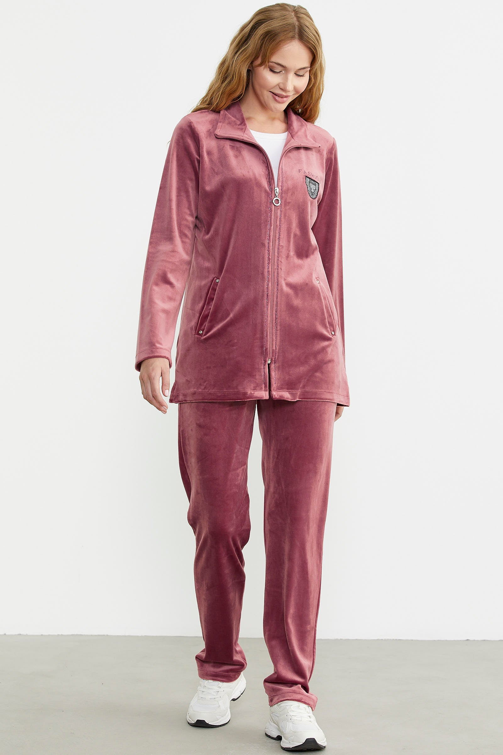 Kadife Dik Yaka Tunik Eşofman Takım - Gül - Sementa