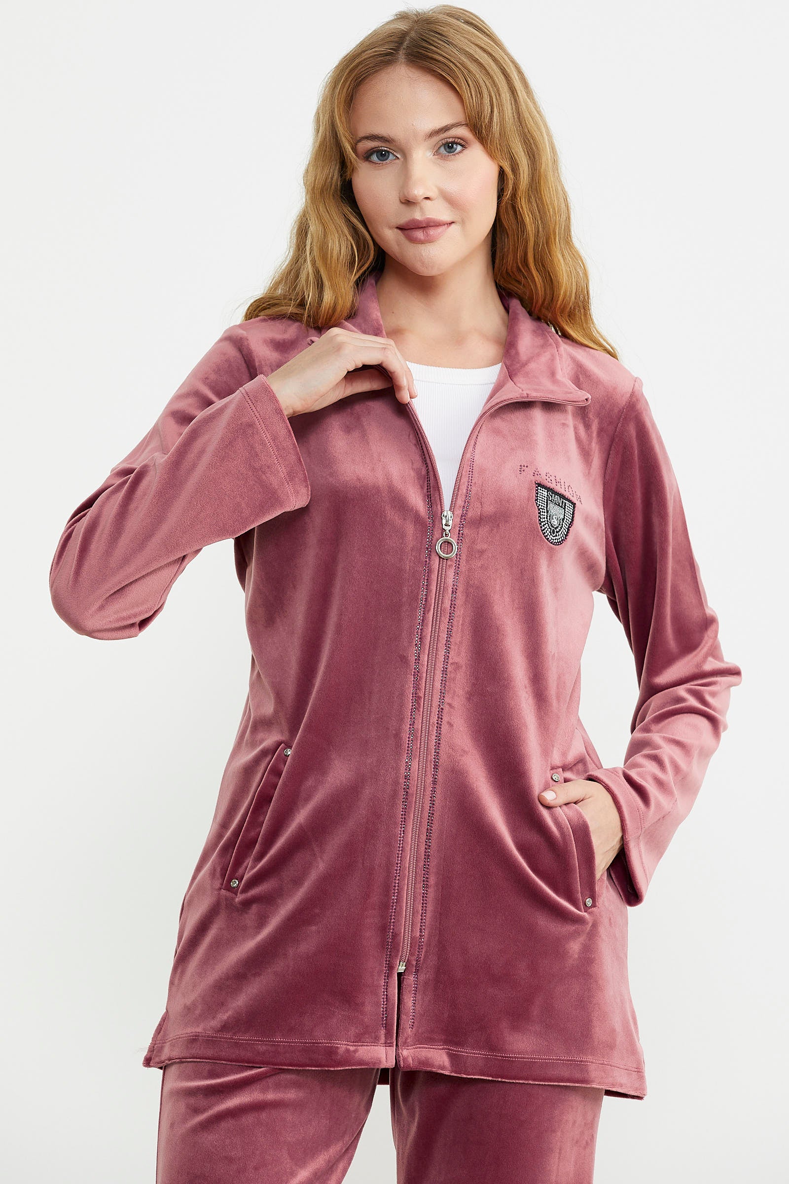 Kadife Dik Yaka Tunik Eşofman Takım - Gül - Sementa