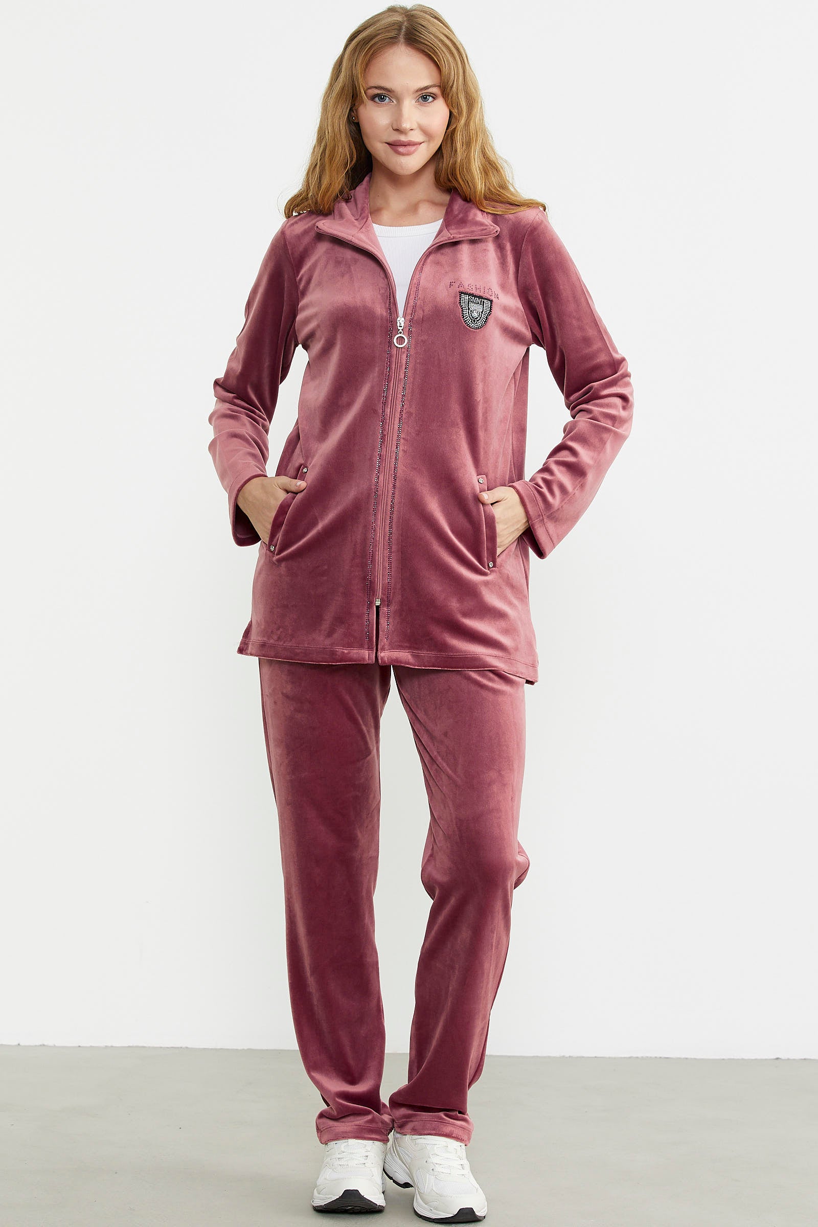 Kadife Dik Yaka Tunik Eşofman Takım - Gül - Sementa