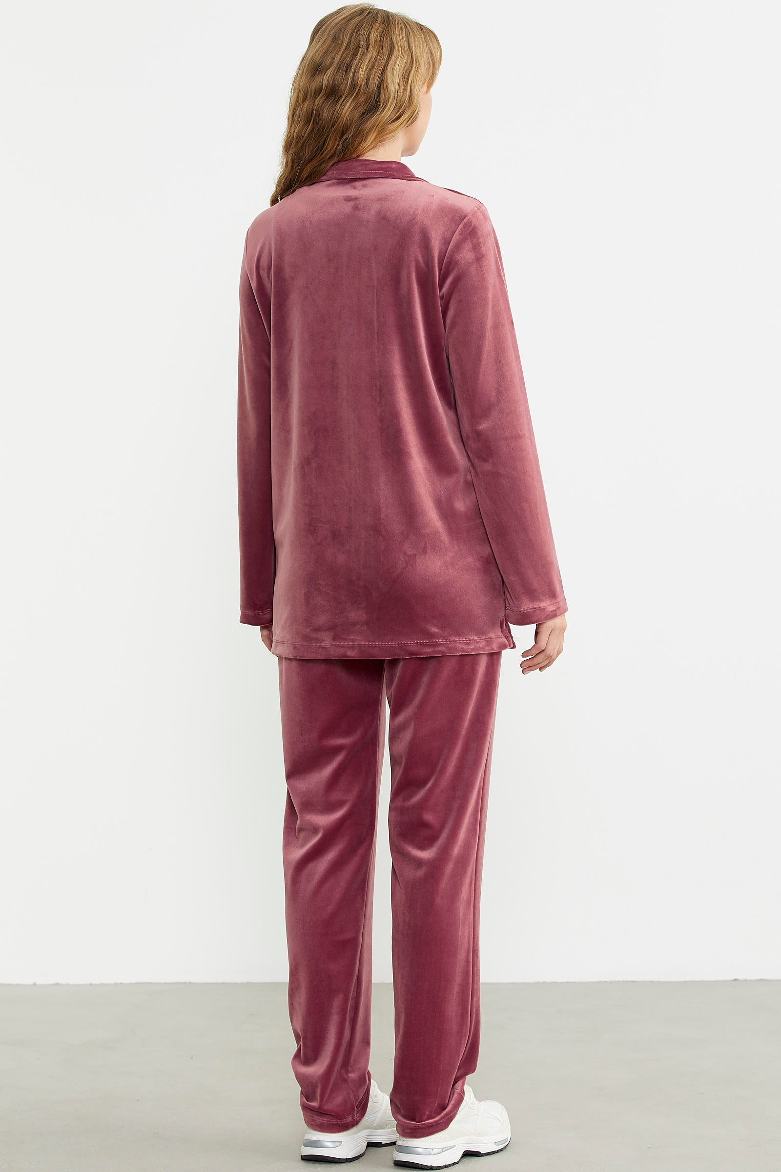 Kadife Dik Yaka Tunik Eşofman Takım - Gül - Sementa