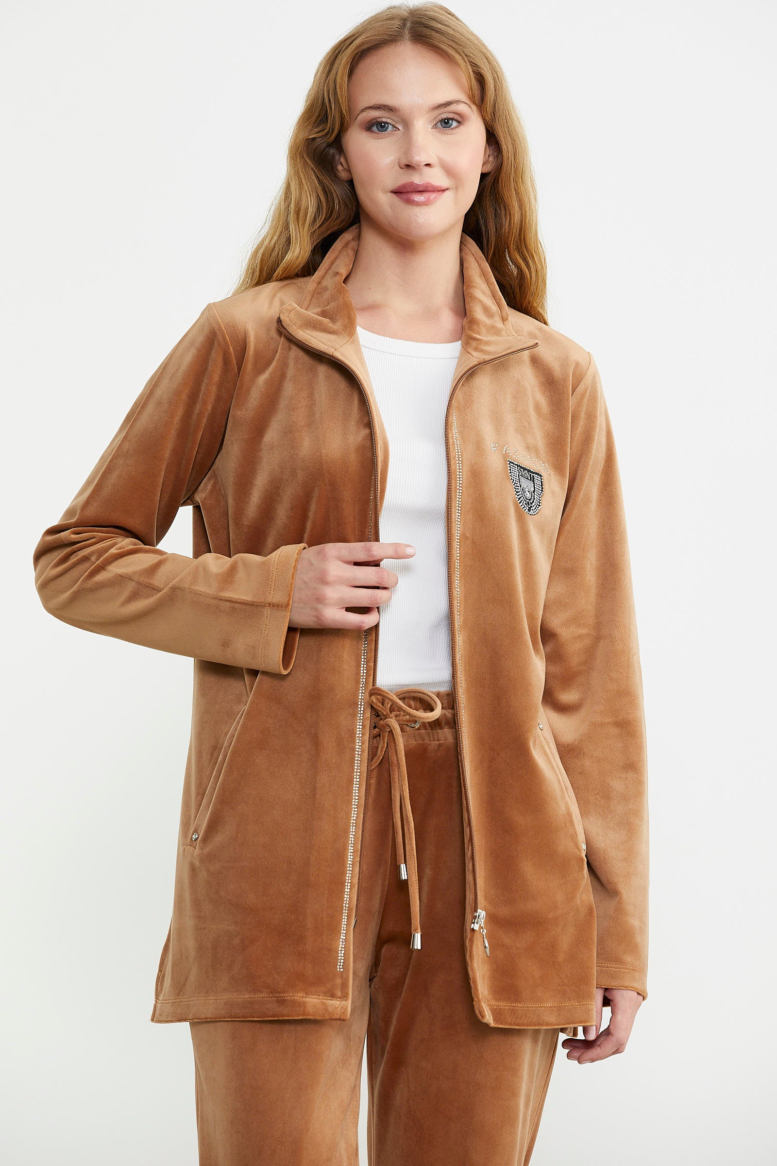 Kadife Dik Yaka Tunik Eşofman Takım - Vizon - Sementa