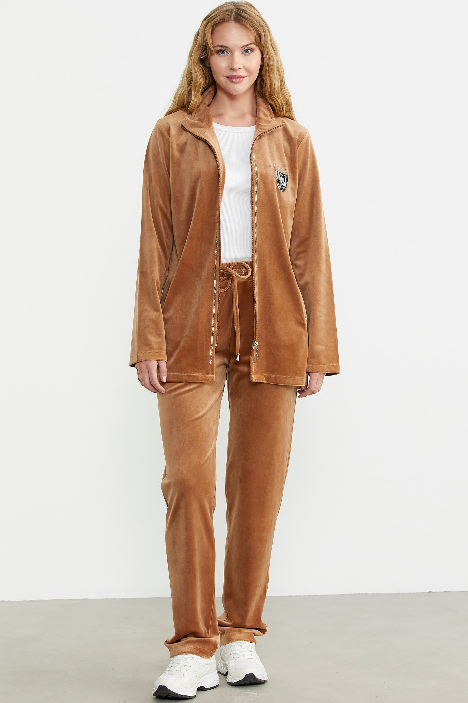 Kadife Dik Yaka Tunik Eşofman Takım - Vizon - Sementa