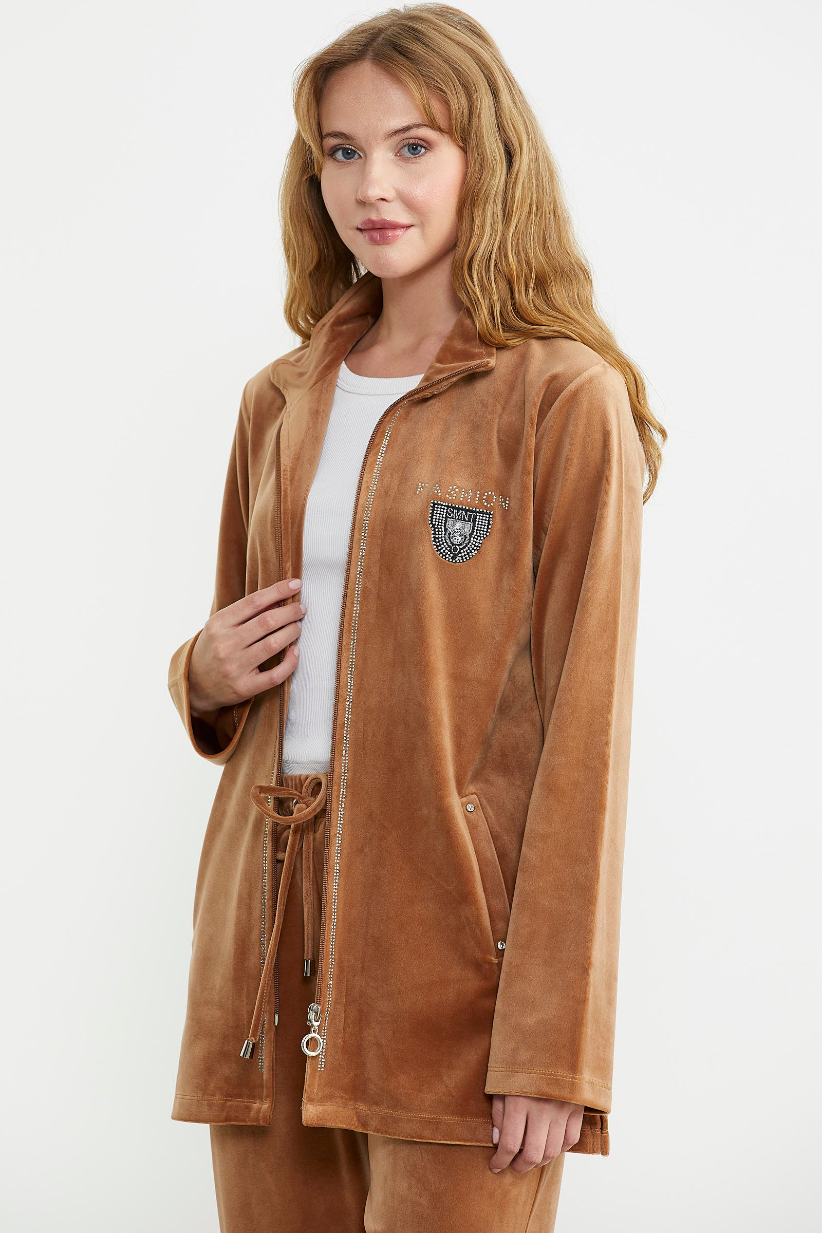 Kadife Dik Yaka Tunik Eşofman Takım - Vizon - Sementa