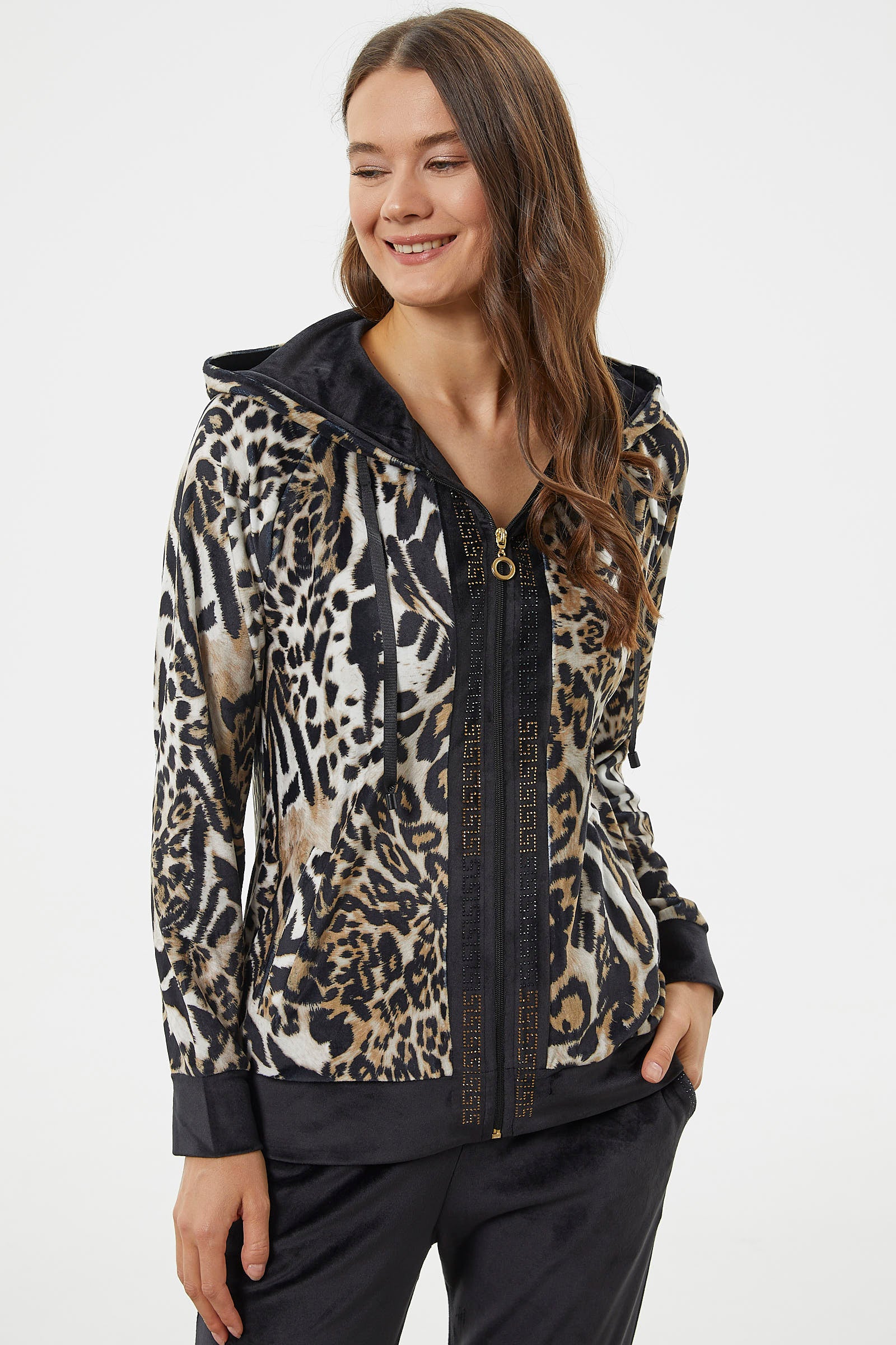 Kadife Leopar Desenli Eşofman Takım - Kahve (4) Sementa