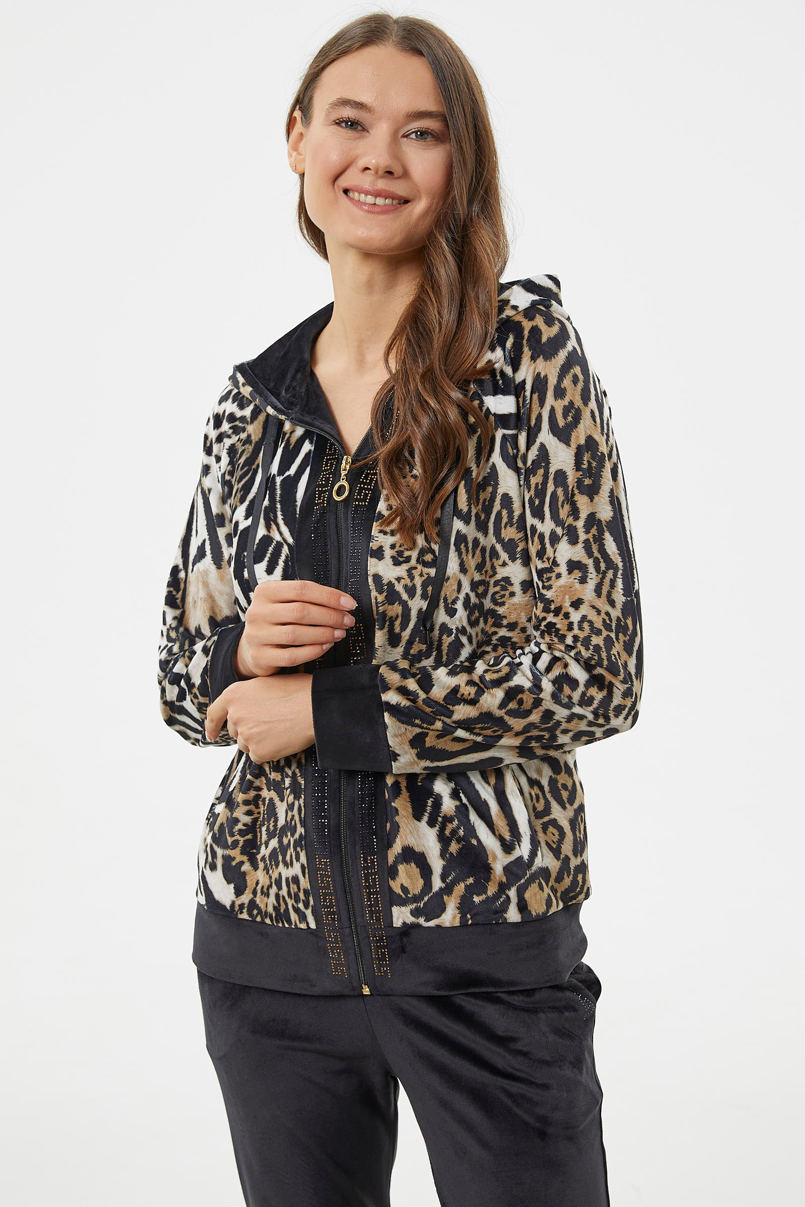 Kadife Leopar Desenli Eşofman Takım - Kahve (2) Sementa