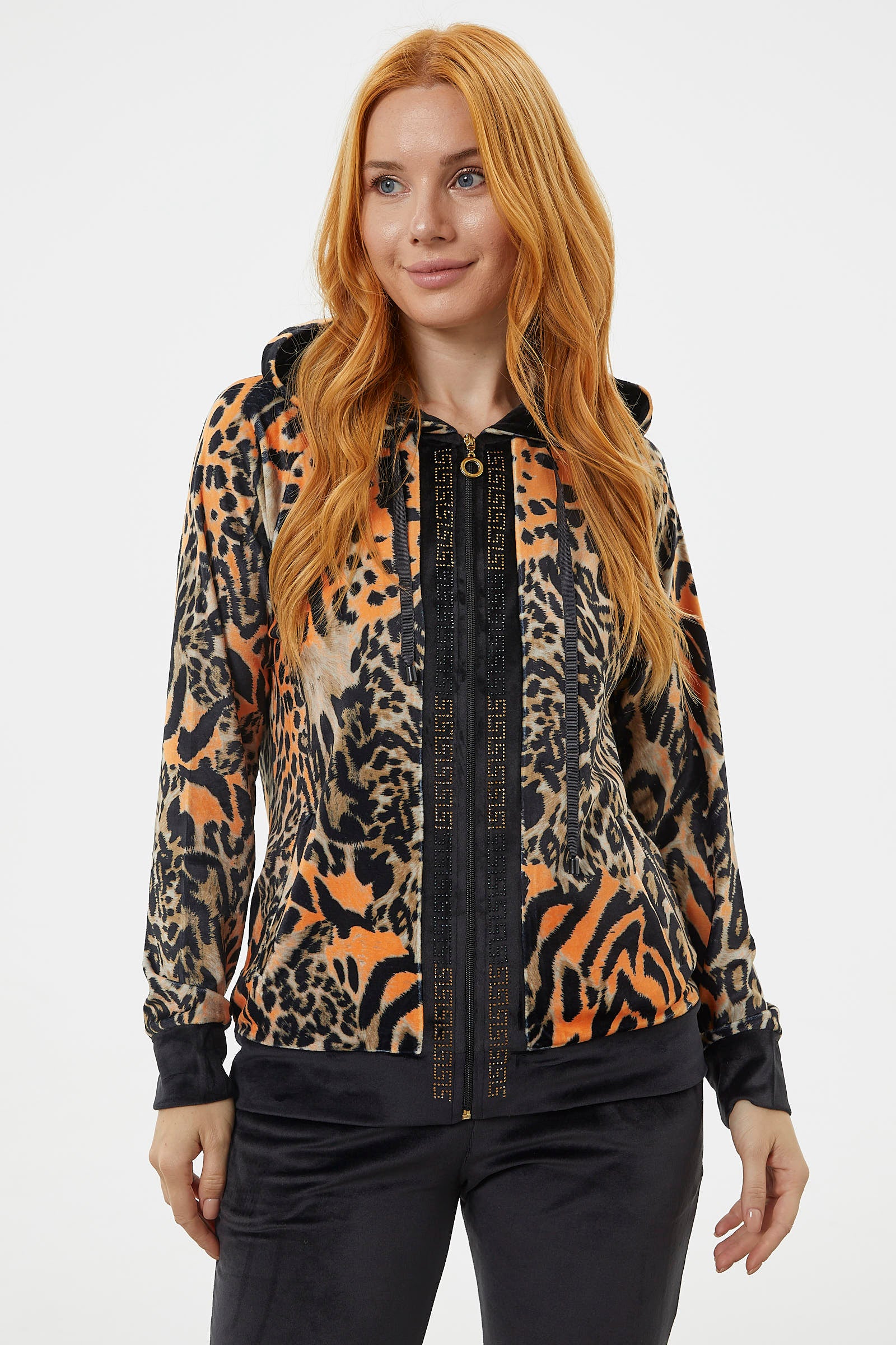 Kadife Leopar Desenli Eşofman Takım - Oranj (5) Sementa