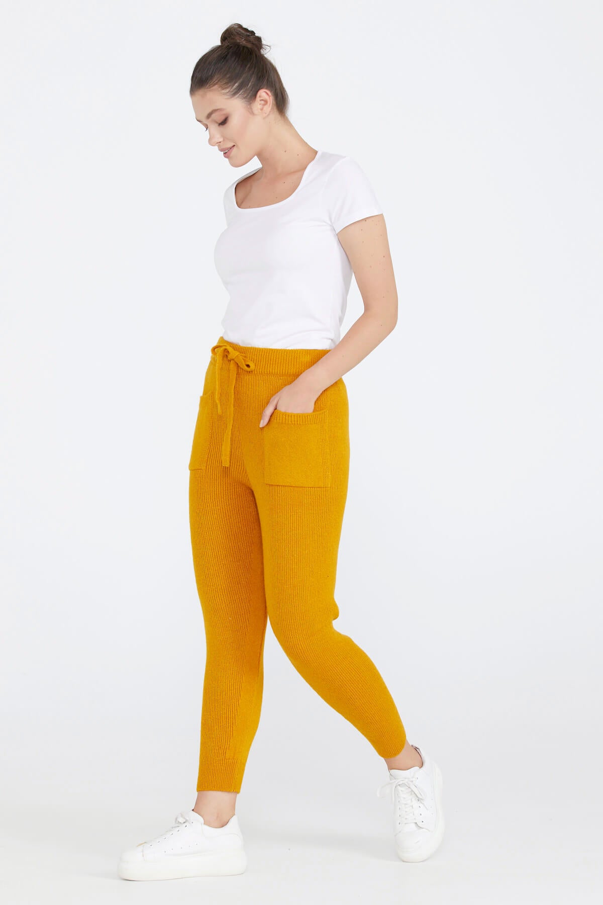 Kadın Bağcıklı Cepli Triko Pantolon - Kayısı (2) Sementa