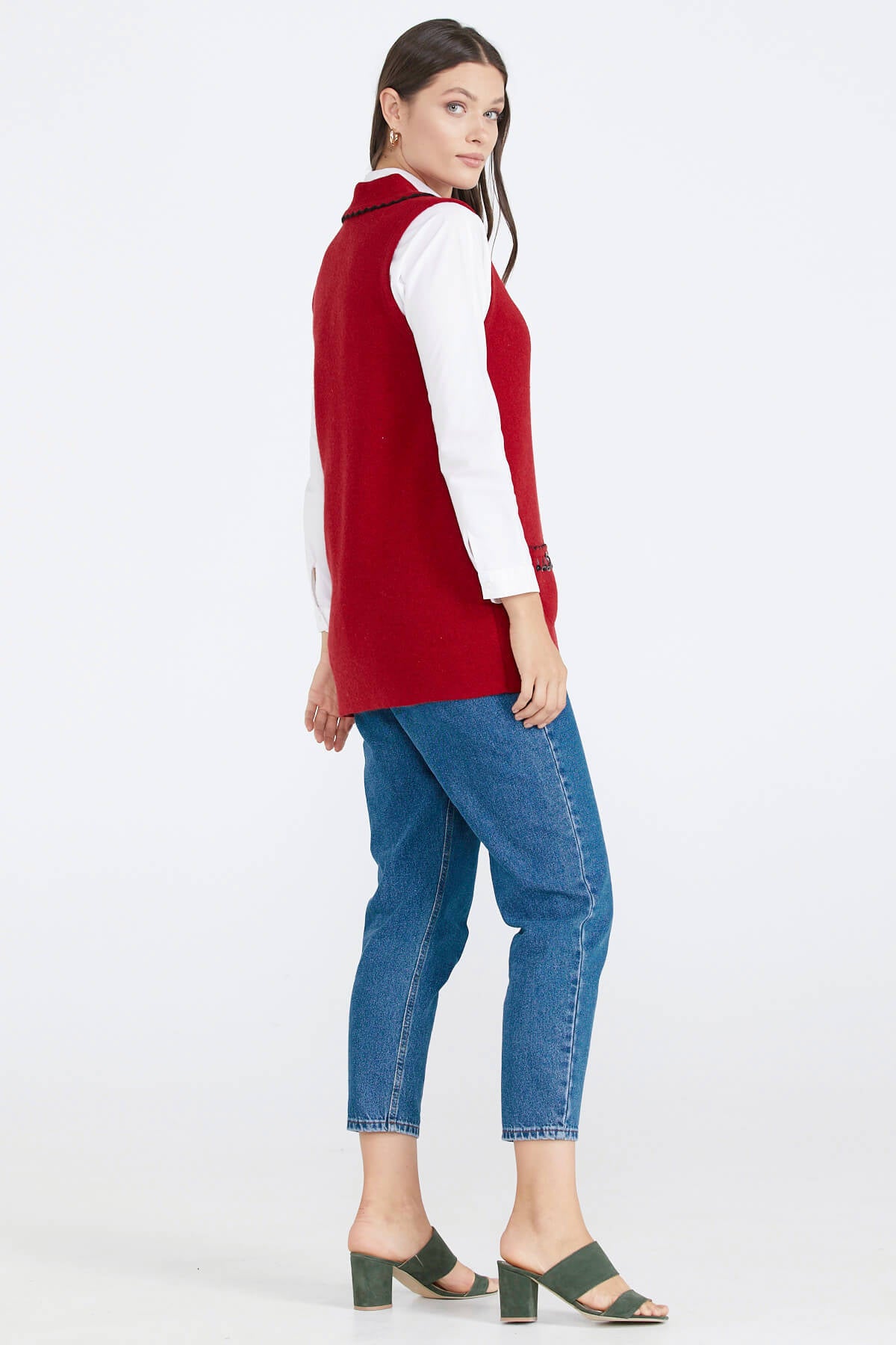 Kadın Cepli Düğmeli Triko Yelek - Kırmızı (4) Sementa