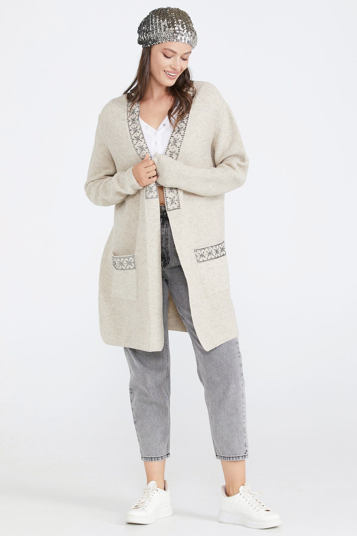 Kadın Cepli Triko Ceket - Bej (2) Sementa