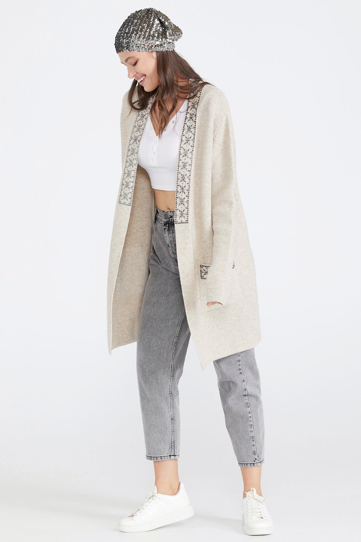 Kadın Cepli Triko Ceket - Bej (3) Sementa