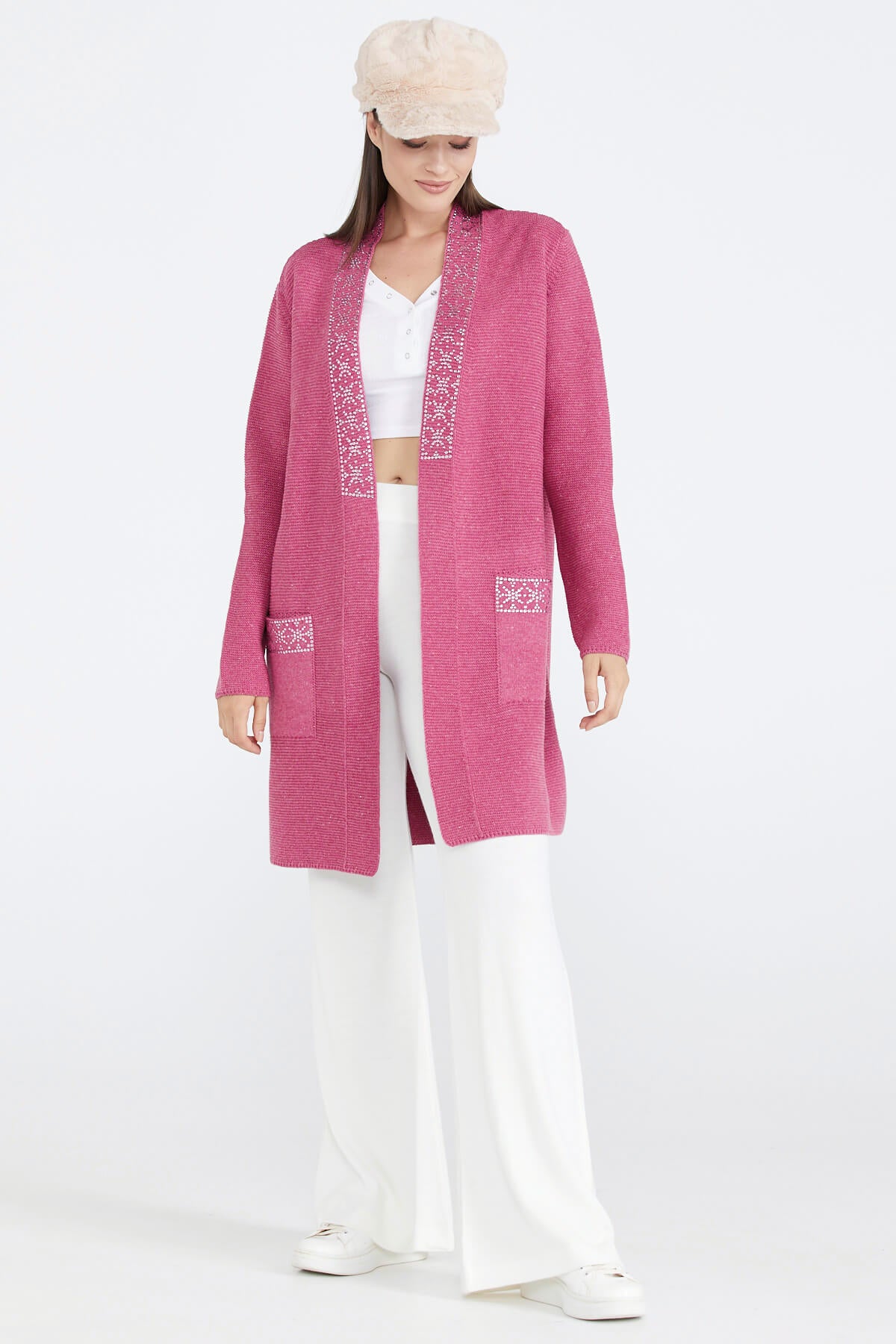 Kadın Cepli Triko Ceket - Gül (2) Sementa