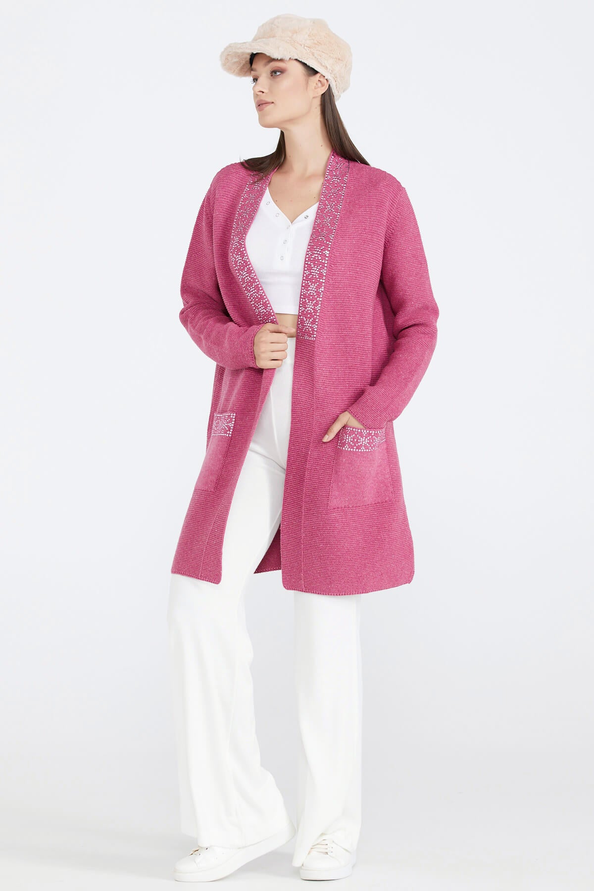 Kadın Cepli Triko Ceket - Gül (3) Sementa