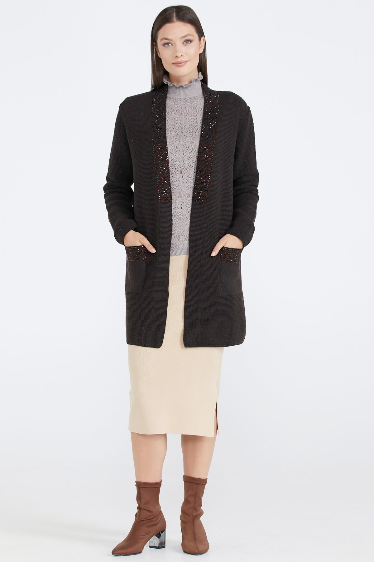 Kadın Cepli Triko Ceket - Kahve (2) Sementa