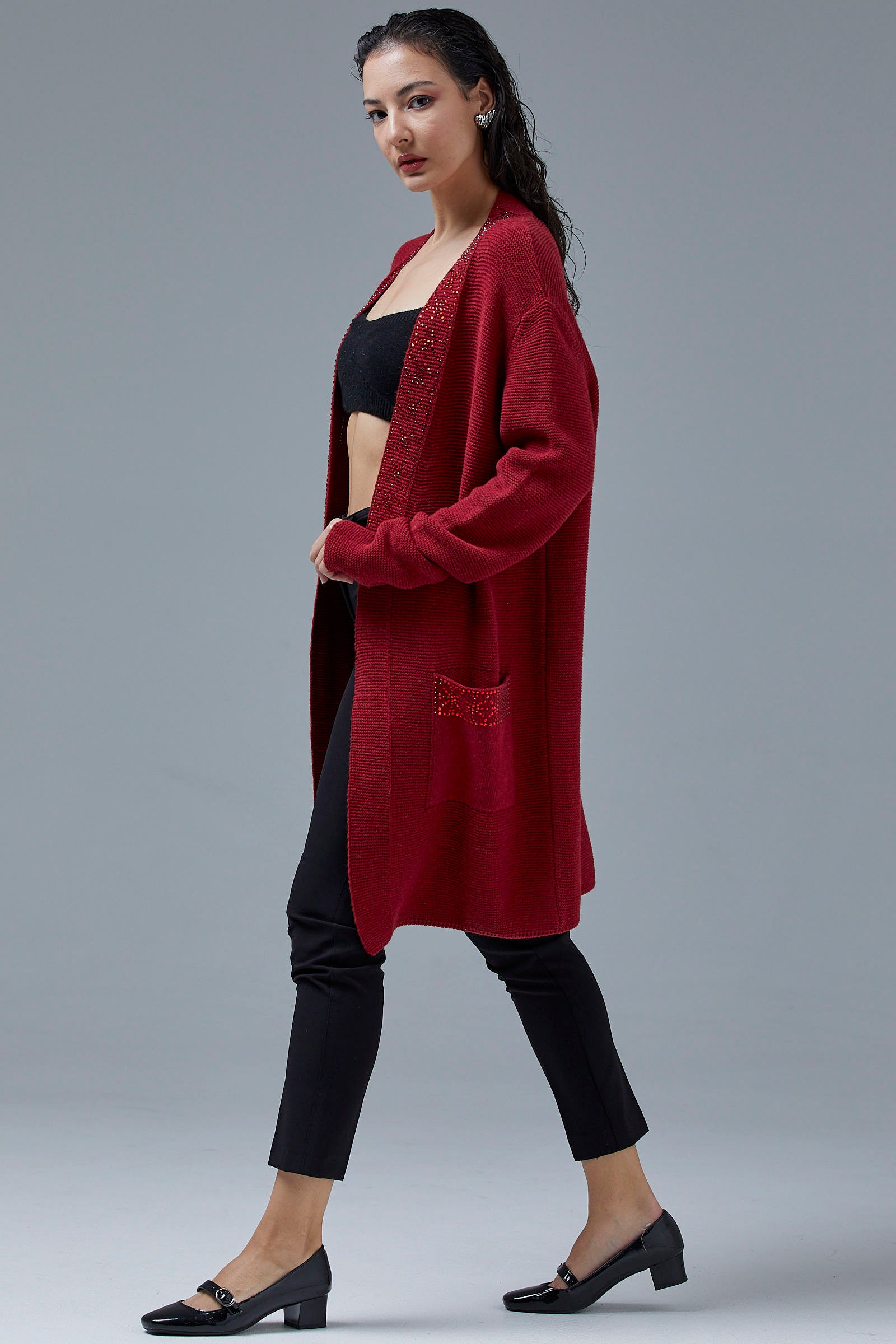 Kadın Cepli Triko Ceket - Kırmızı (2) Sementa