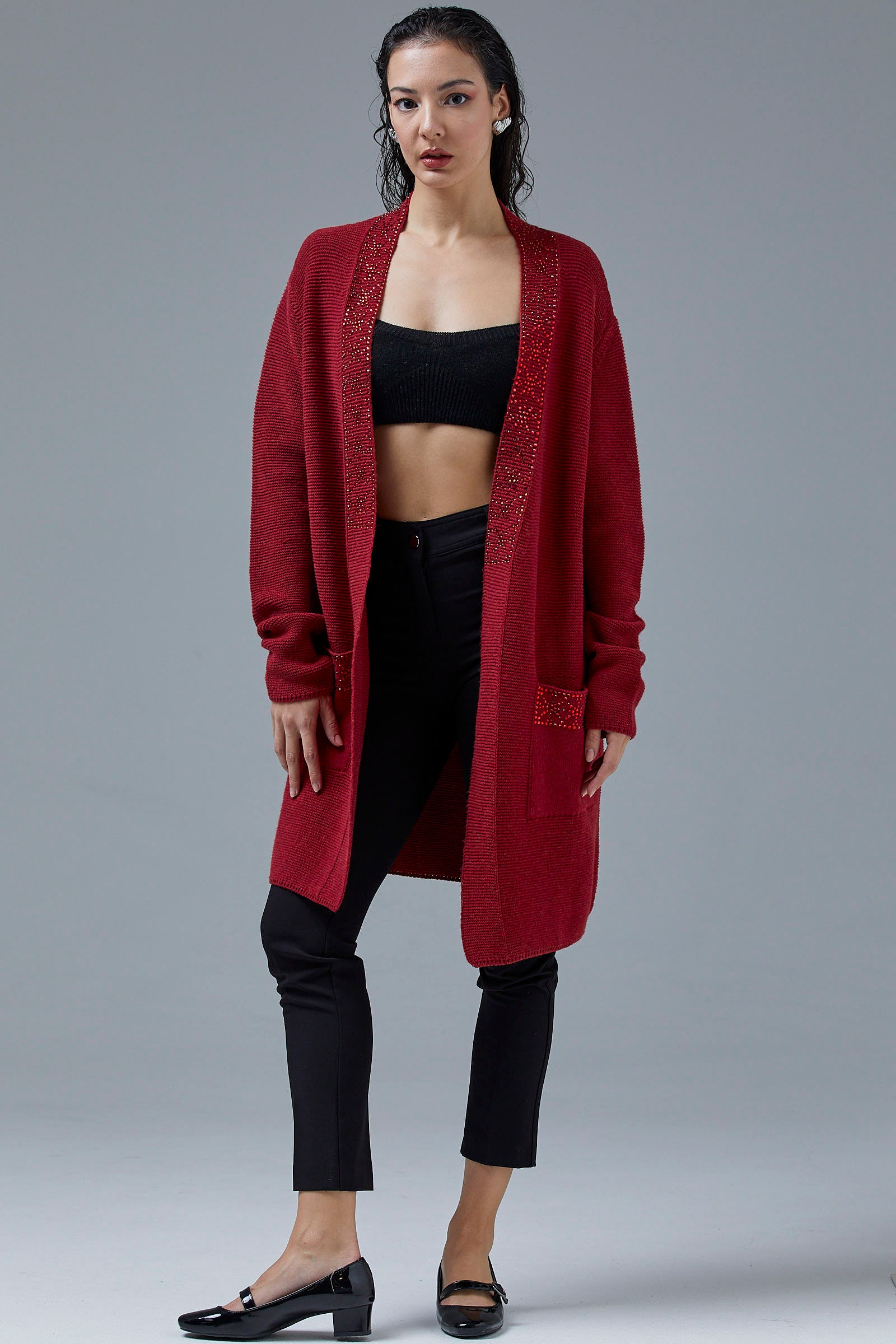 Kadın Cepli Triko Ceket - Kırmızı (4) Sementa