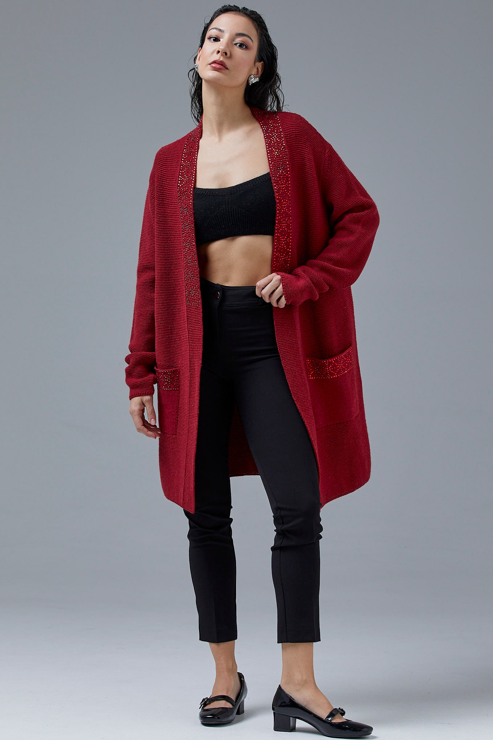 Kadın Cepli Triko Ceket - Kırmızı (5) Sementa