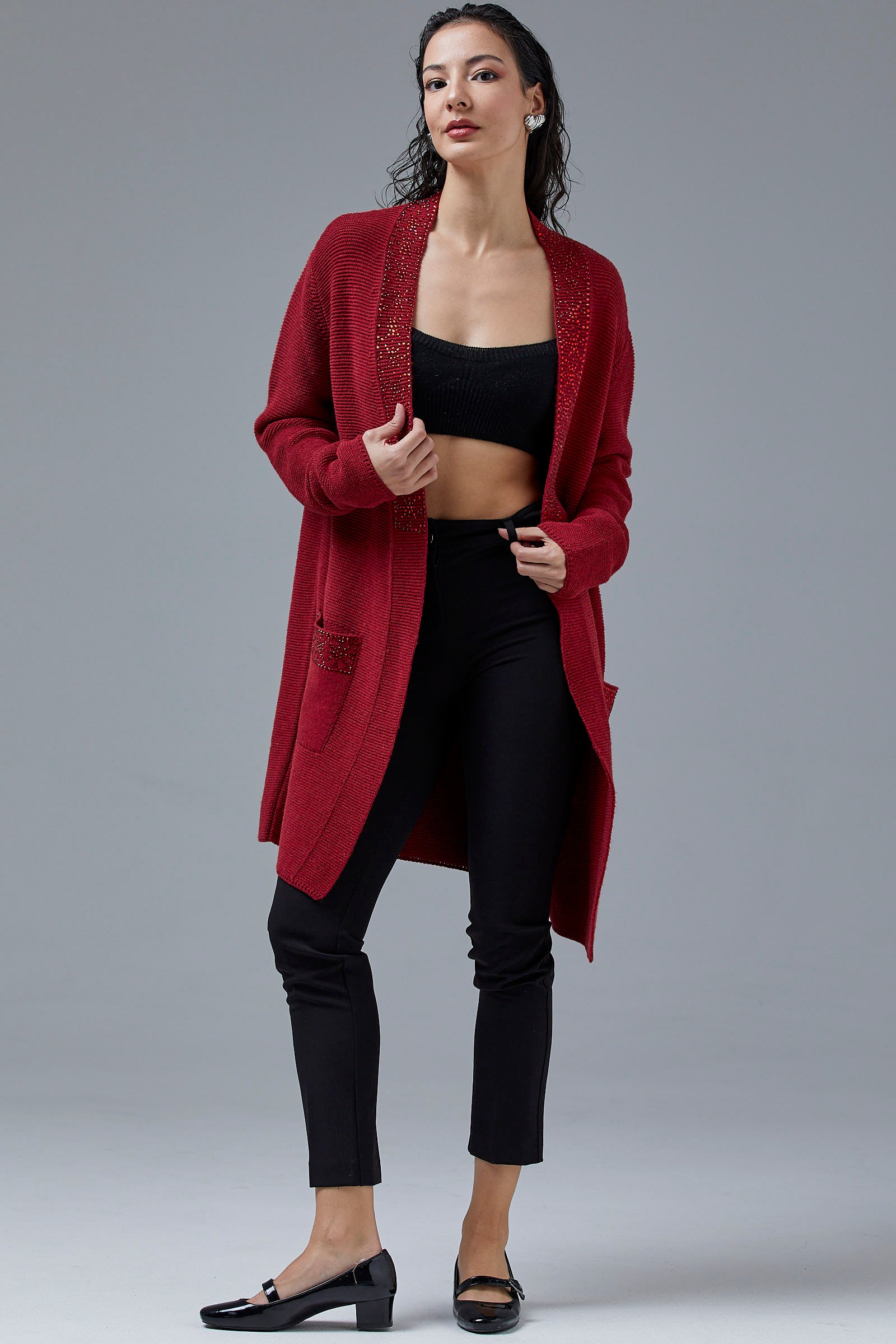 Kadın Cepli Triko Ceket - Kırmızı (6) Sementa