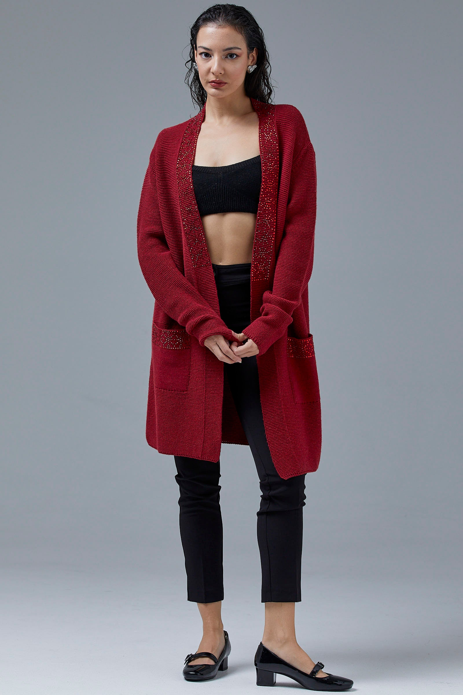 Kadın Cepli Triko Ceket - Kırmızı (7) Sementa