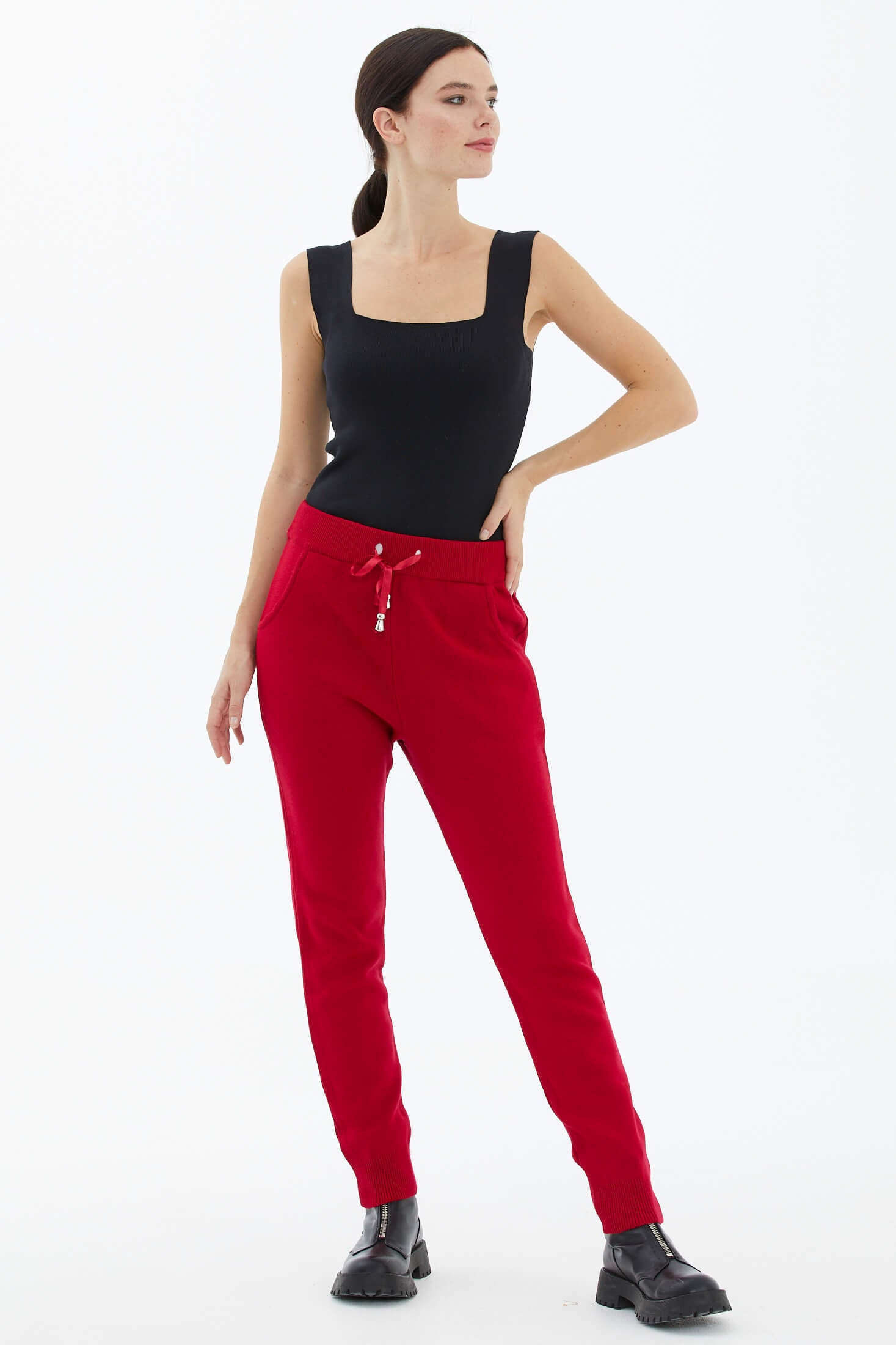 Kadın Cepli Triko Pantolon - Kırmızı (3) Sementa