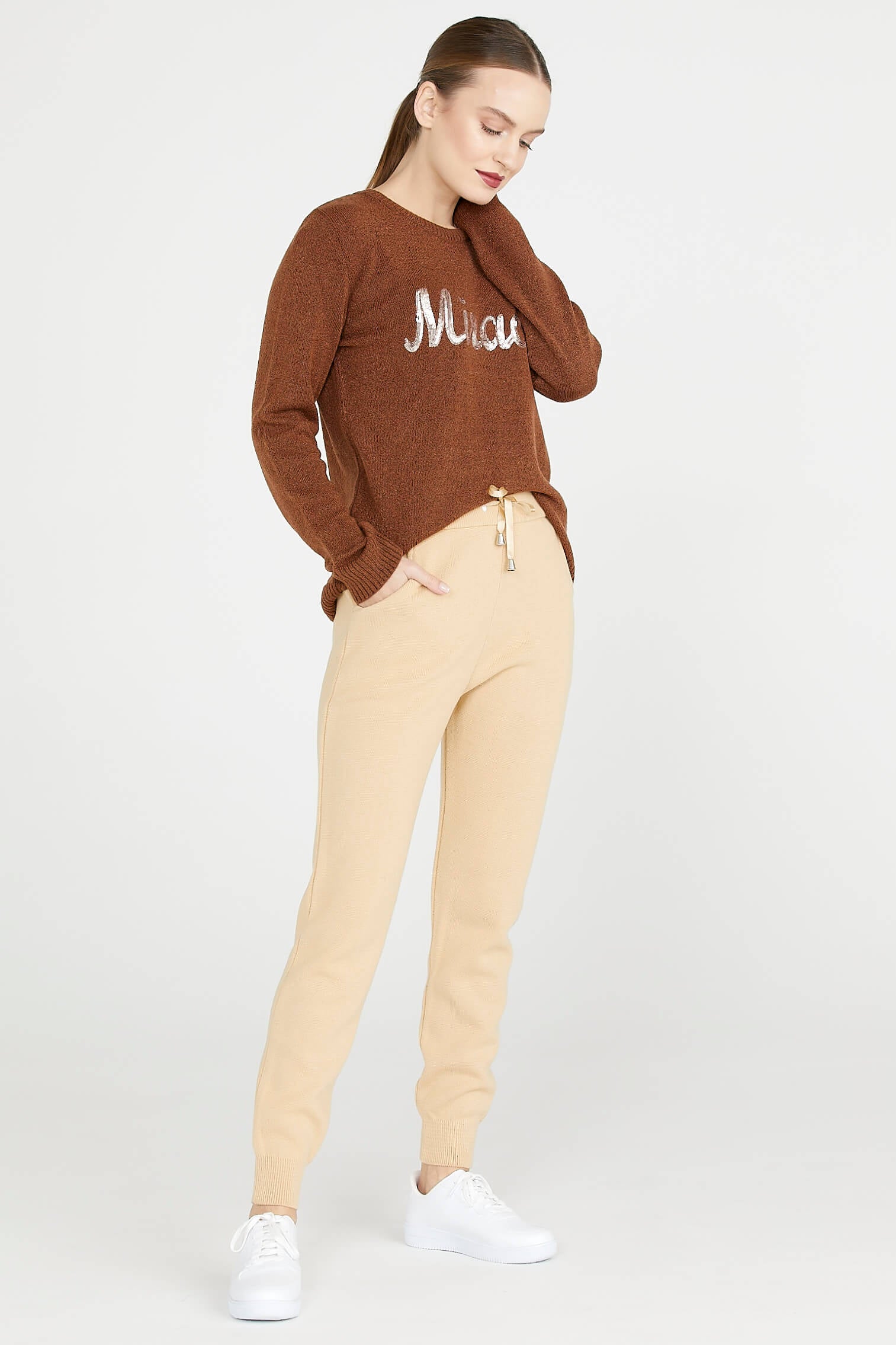 Kadın Cepli Triko Pantolon - Kum (3) Sementa