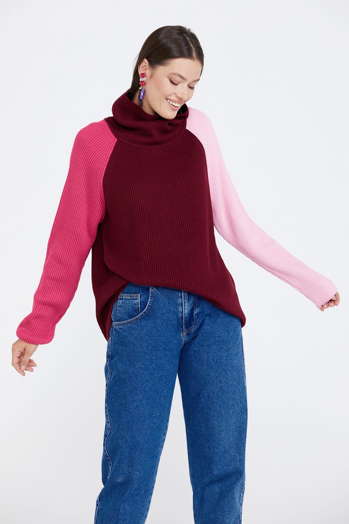 Kadın Degaje Yaka Renkli Triko Kazak - Bordo (2) Sementa