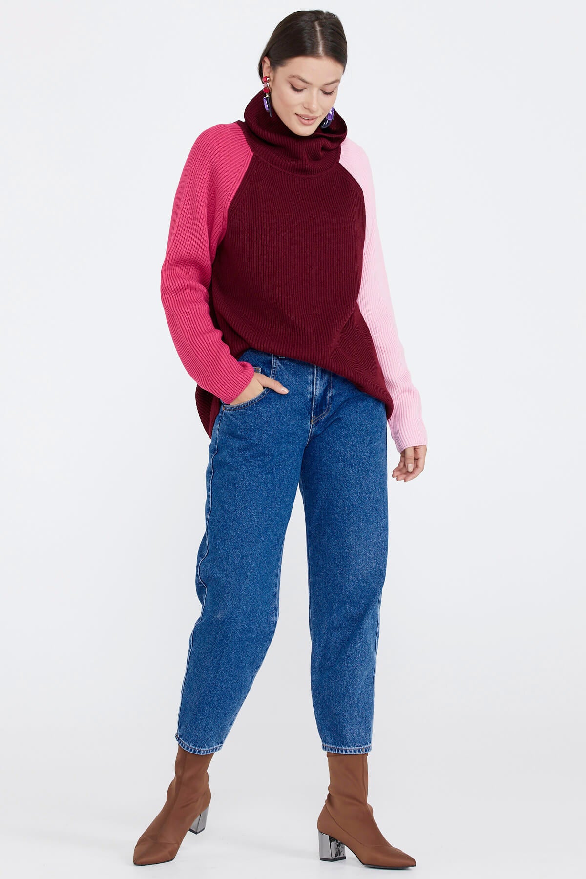 Kadın Degaje Yaka Renkli Triko Kazak - Bordo (3) Sementa